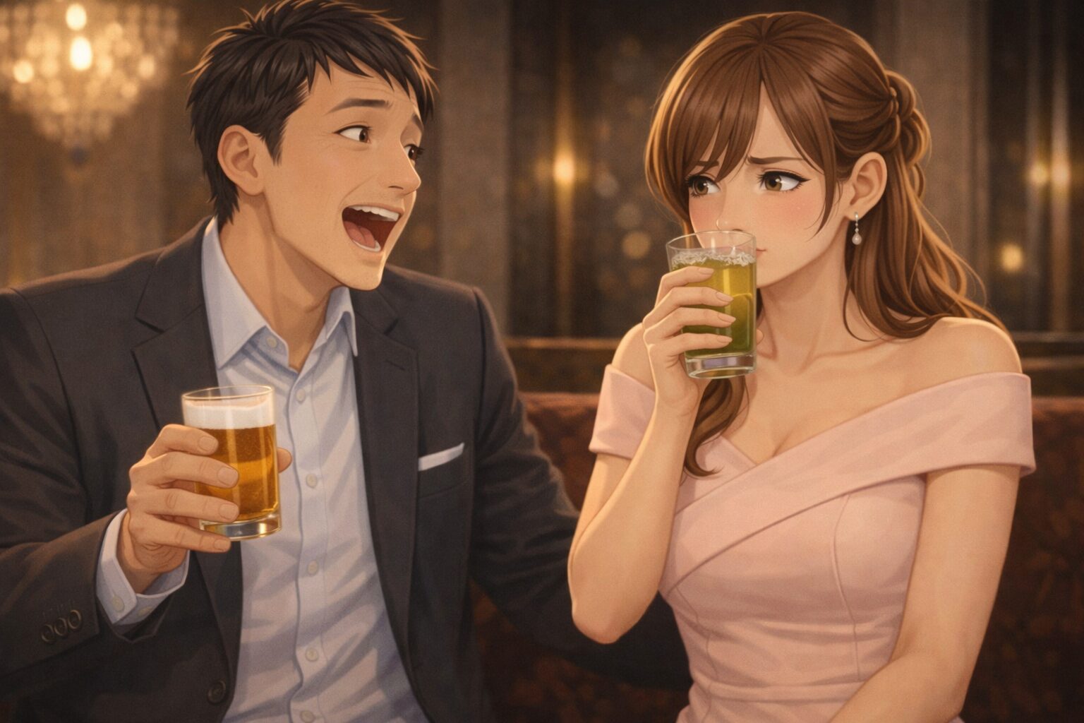 キャバクラで会話中の男性の口臭に反応し、女性が口元を押さえてわずかに距離を取っている様子