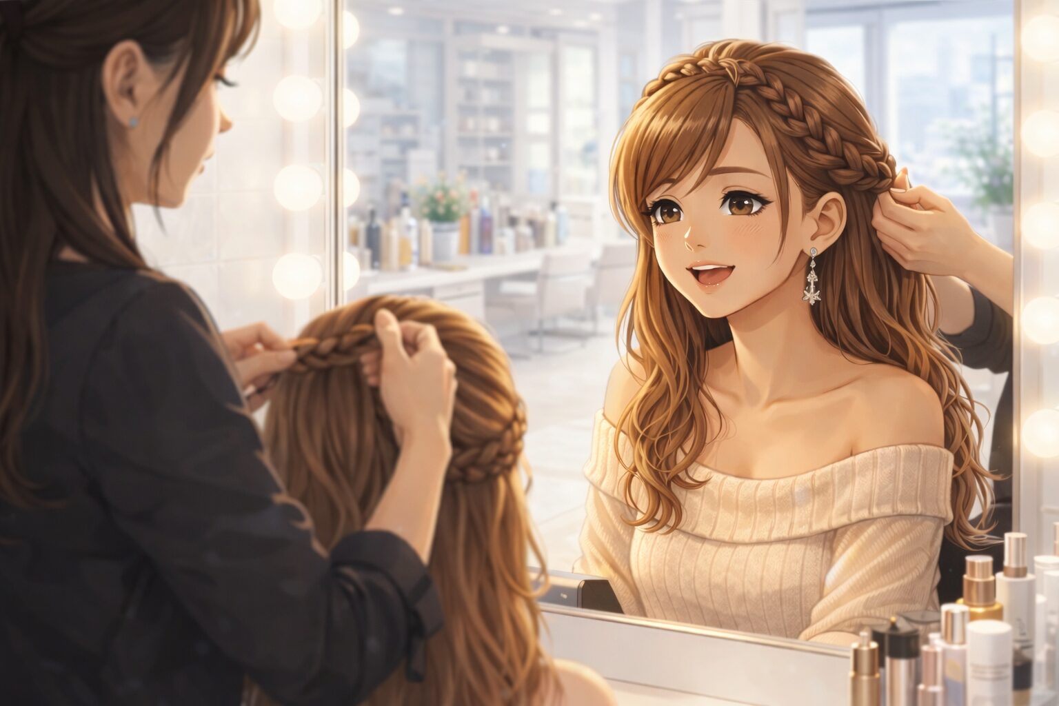 ヘアメイク中に笑顔を見せる整った女性｜回復前提で肌を守る習慣のイメージ