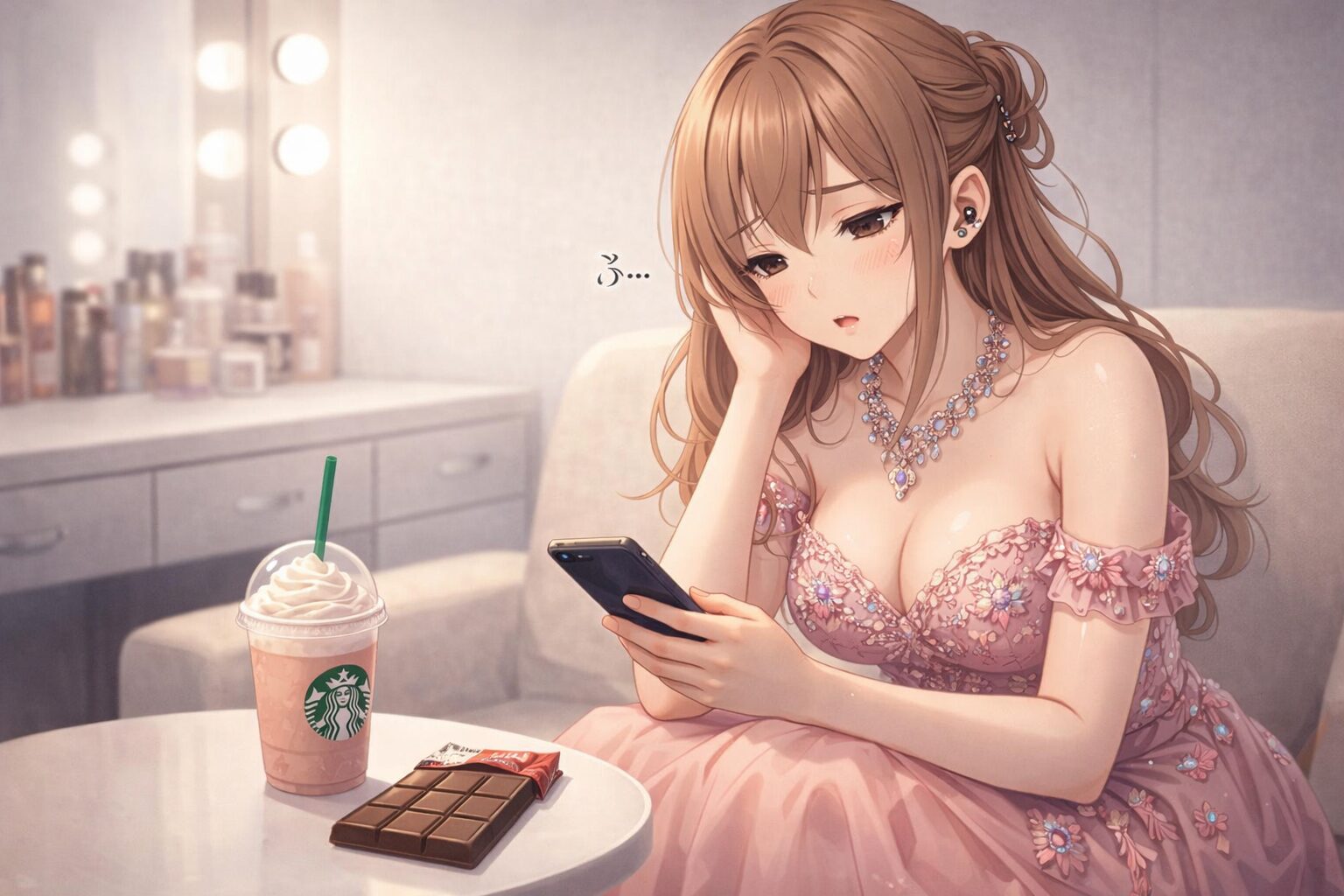 楽屋でドレス姿のキャバ嬢がスマホを見ながらだるそうにため息をつき、テーブルの甘いドリンクとチョコに手が伸びそうになっている、ビタミンB不足によるエネルギー低下を連想させるイラスト