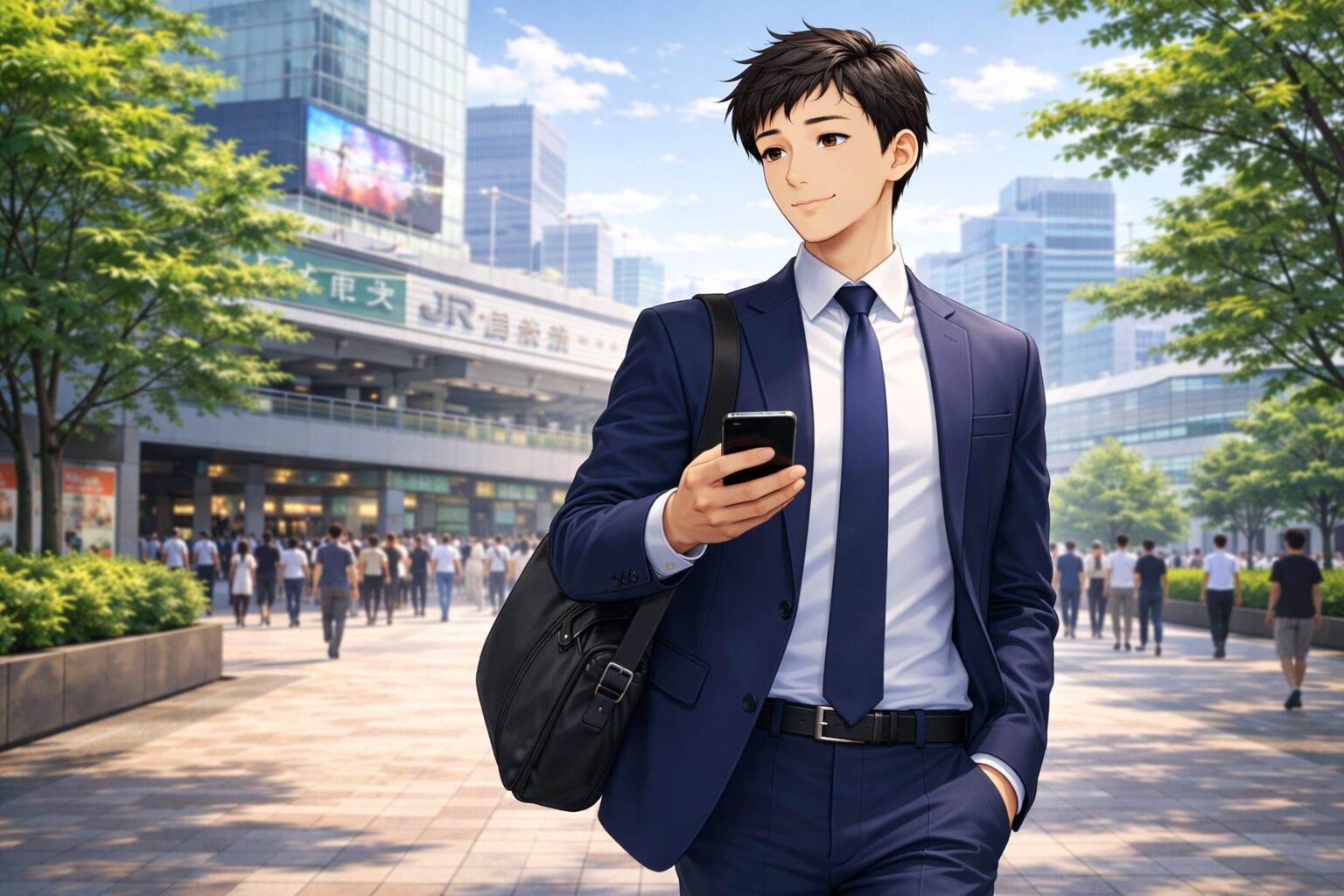 昼下がりの渋谷駅付近を商談に向かって歩く、整った表情のスーツ姿の男性