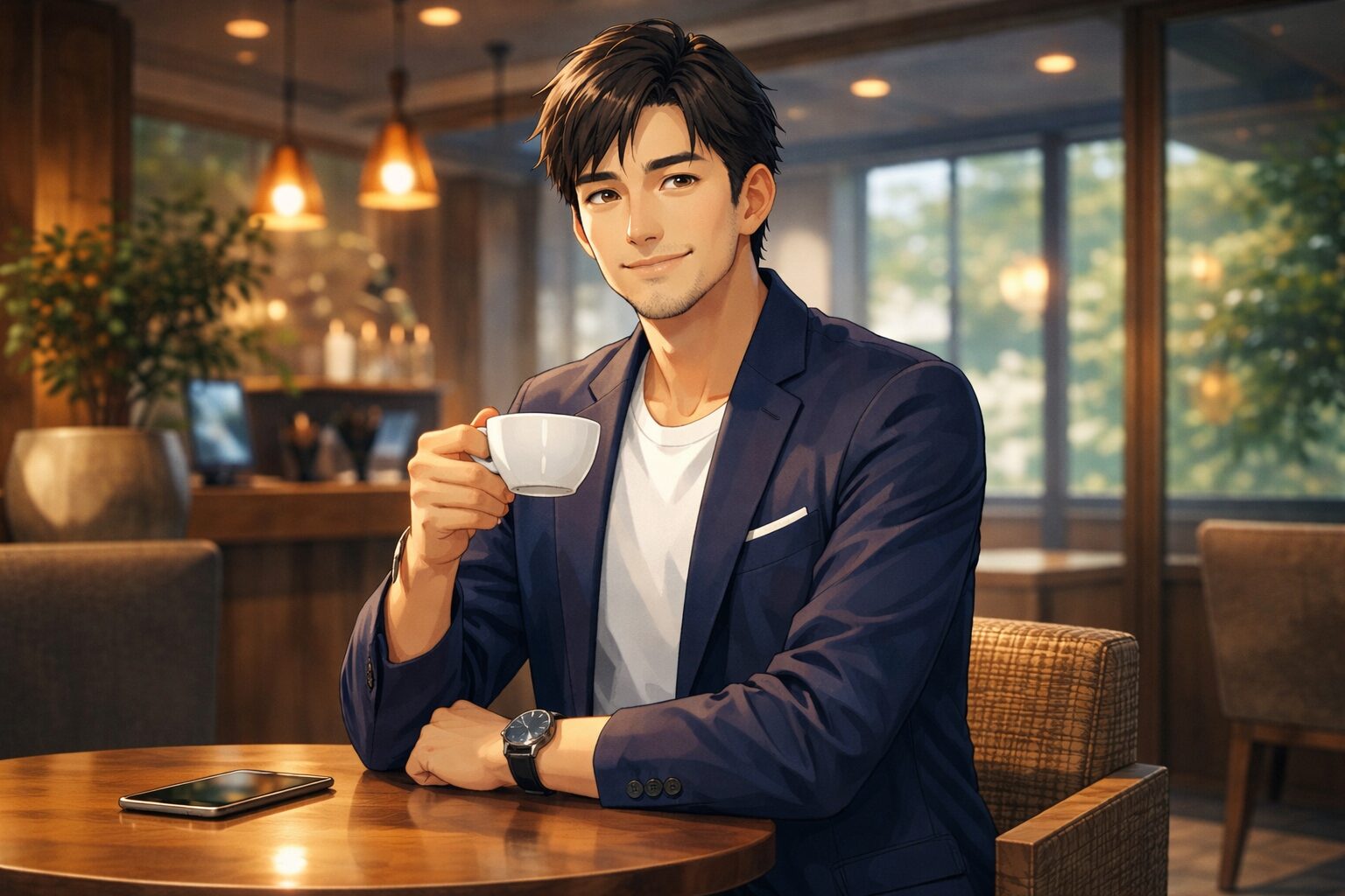 カフェでコーヒーを飲みながらリラックスする男性。整った生活習慣と健康的なコンディションをイメージしたビタミン・ミネラル記事用イメージ。