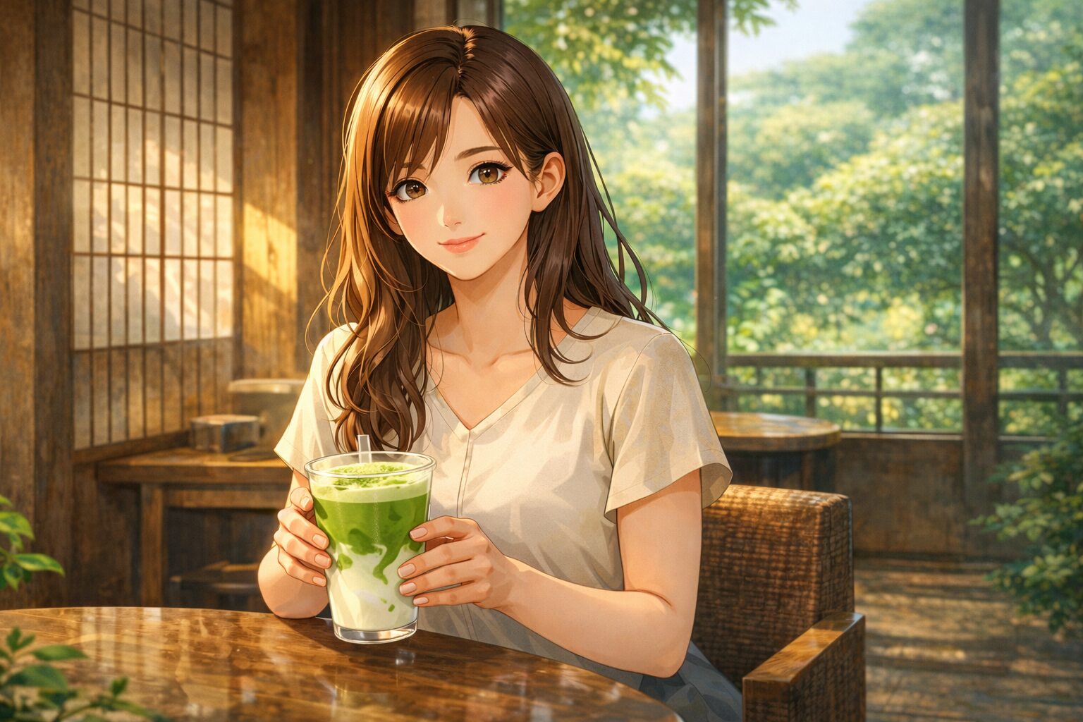 カフェで抹茶ラテを楽しむ女性の健康的なライフスタイルイメージ。ビタミン・ミネラルで美容と体調を整える女性向け記事のアイキャッチ。