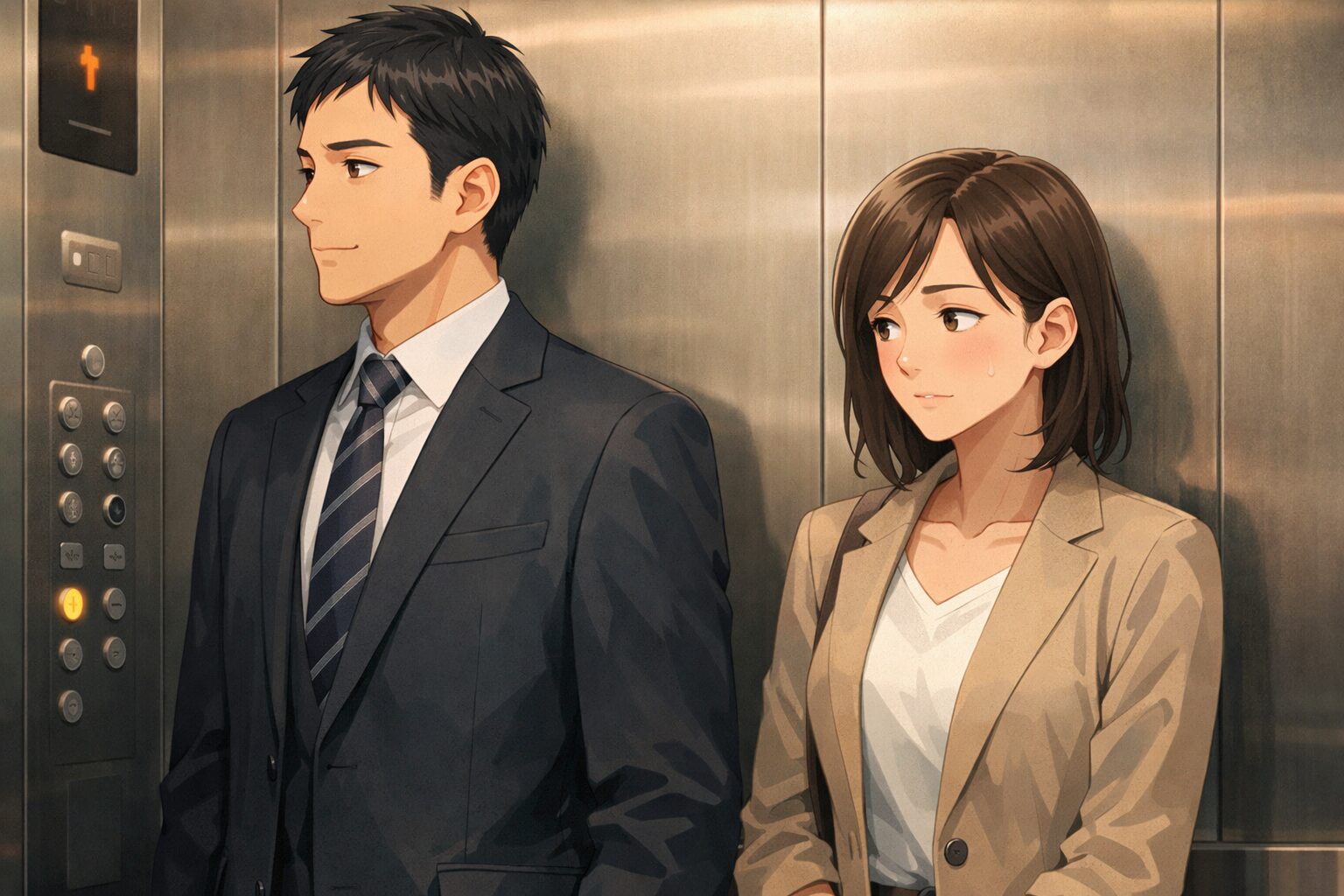 エレベーター内で体臭の違和感を感じている女性と男性会社員のイメージ画像