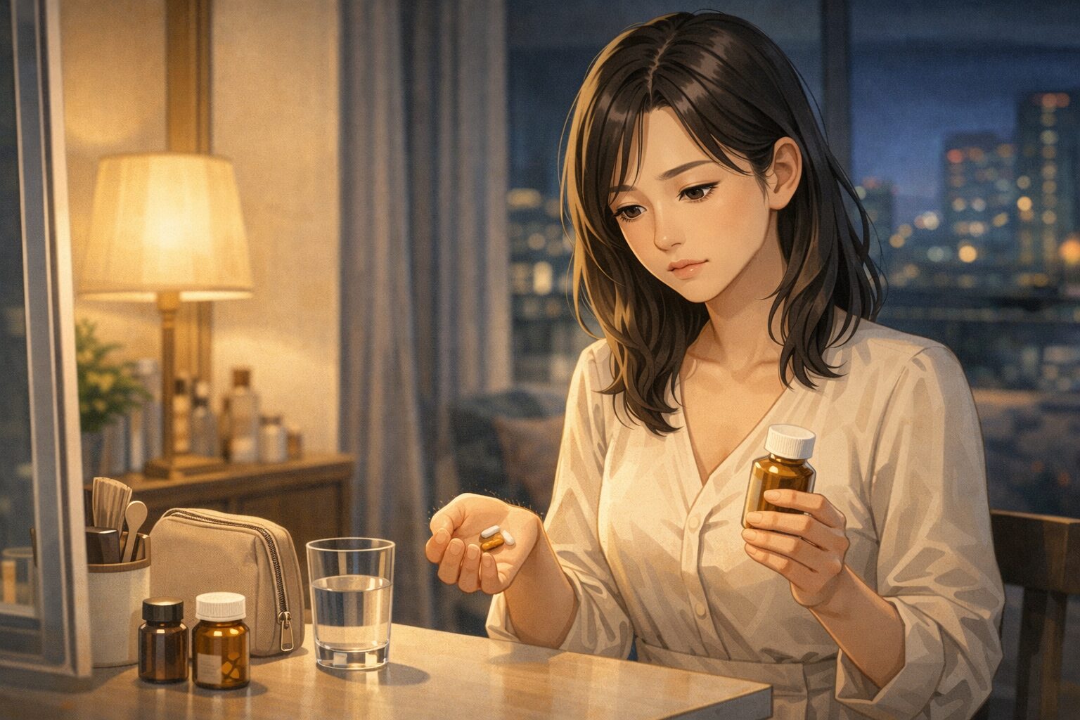 自宅で女性がサプリを手に取りながら何から飲むか考えている夜のシーン