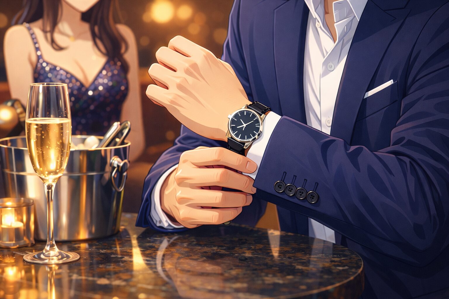高級感のあるラウンジでスーツ姿の男性が腕時計を整えながら着席している様子。テーブルにはシャンパンとアイスバケットが置かれ、奥にはドレス姿の女性が座るアニメタッチの上質な夜のシーン。