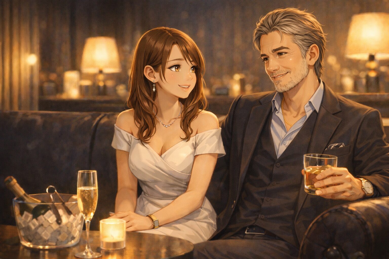 キャバクラで落ち着いた距離感を保ちながら会話するキャストとダンディな50代男性客の接客シーン