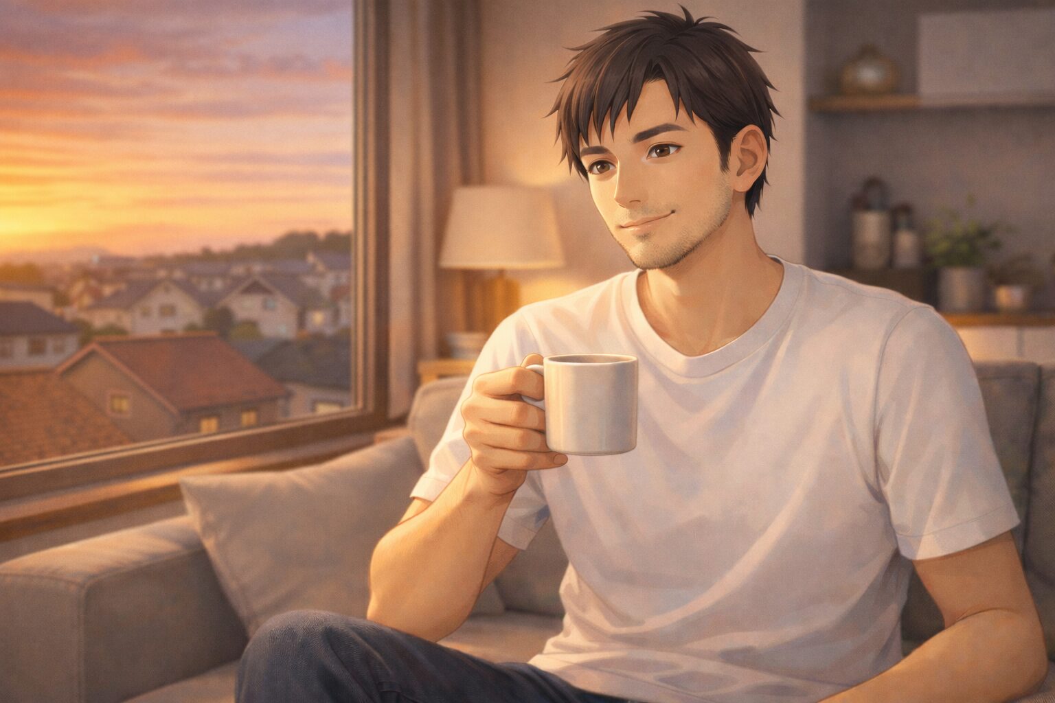 夕方の自宅リビングでくつろぐ清潔感のある男性のイメージ。半袖Tシャツ姿でリラックスしながらコーヒーを持ち、腕やフェイスラインがすっきり整って見える様子。