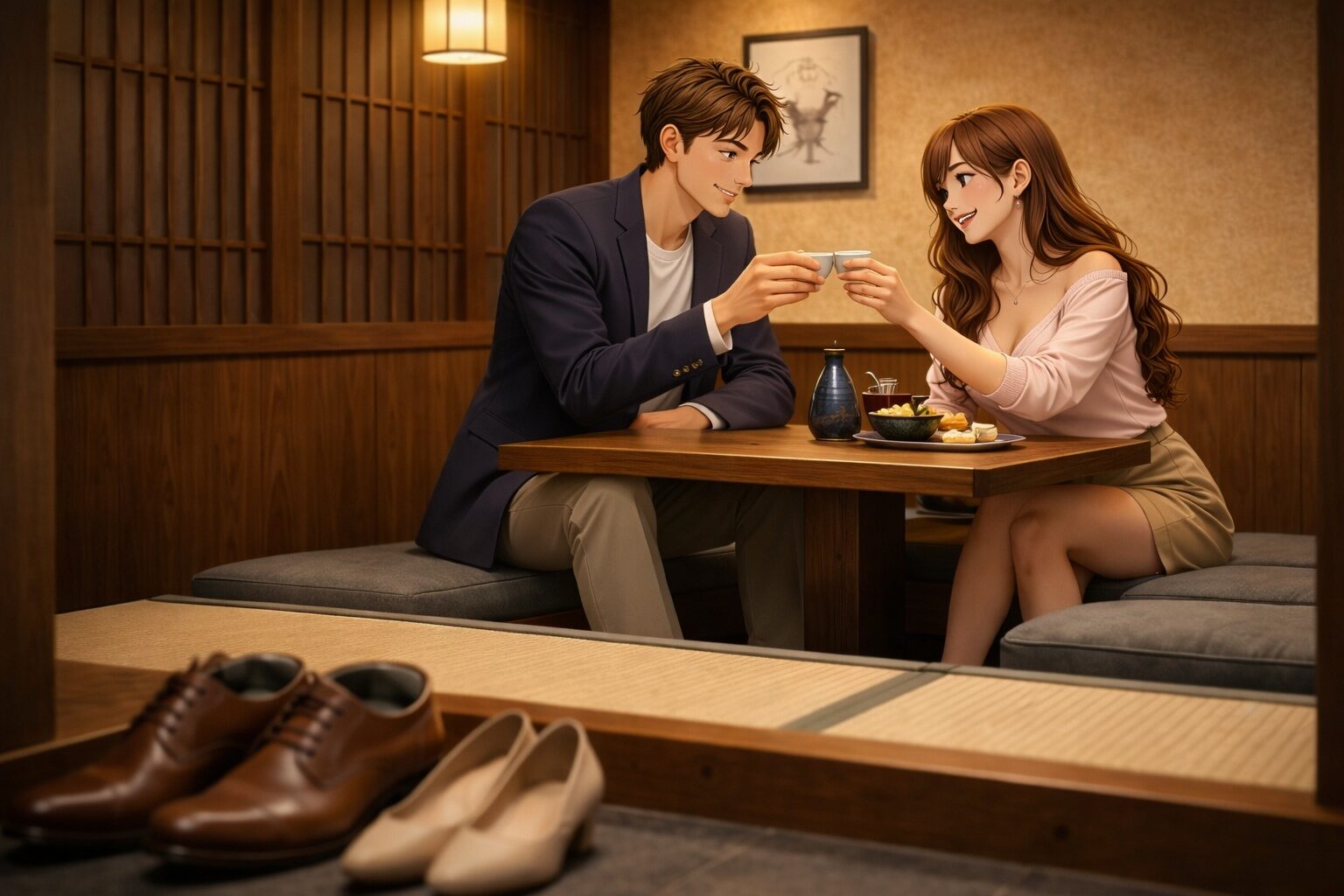 足のニオイが気になって内心不安を抱えながらも、笑顔を作って女性と同伴の居酒屋で向かい合い乾杯する男性のシーン