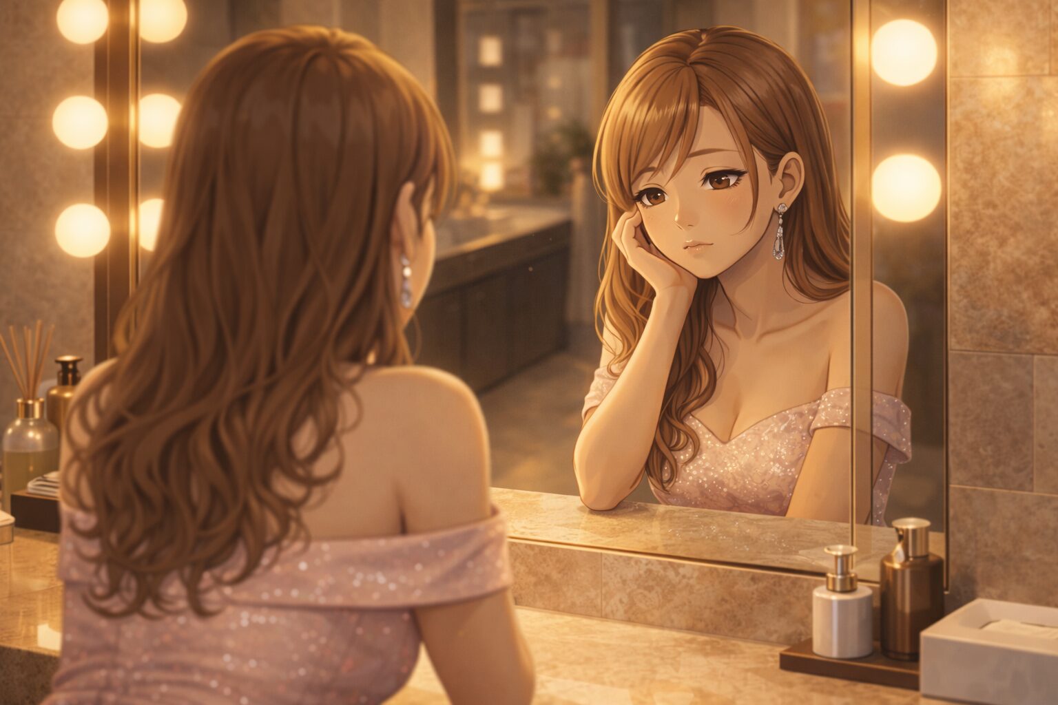 なんとなく顔のくすみが気になり鏡を見る女性。夜の疲れが残っている様子