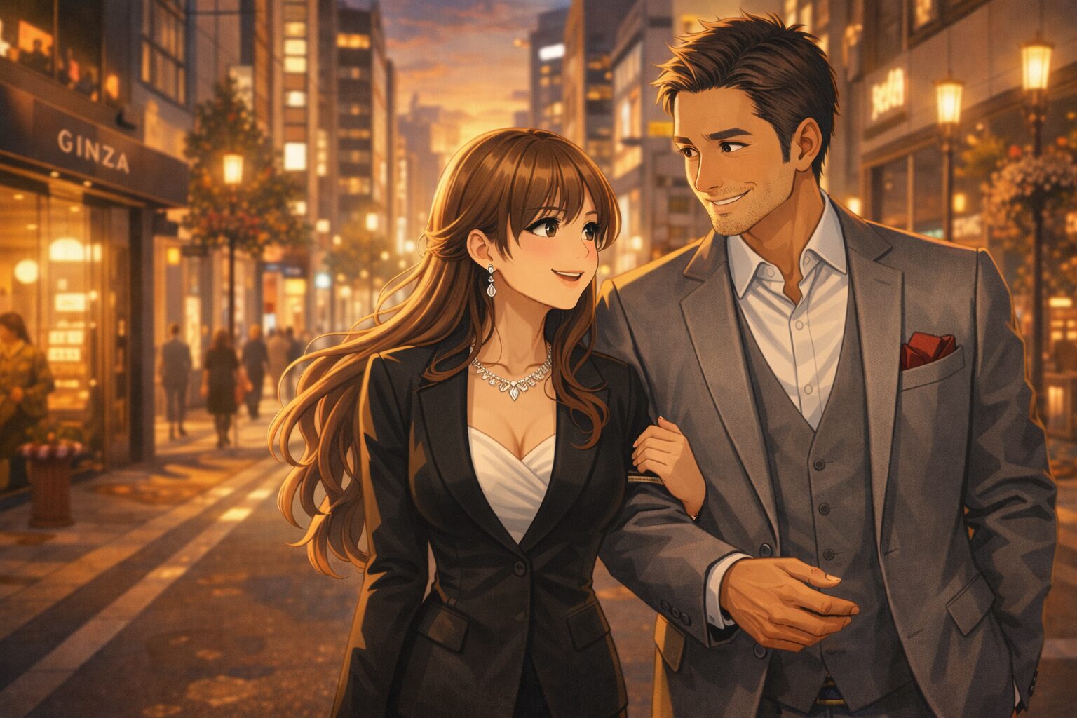 キャバクラの同伴で食事に向かうキャストと男性客が銀座の街を歩く様子