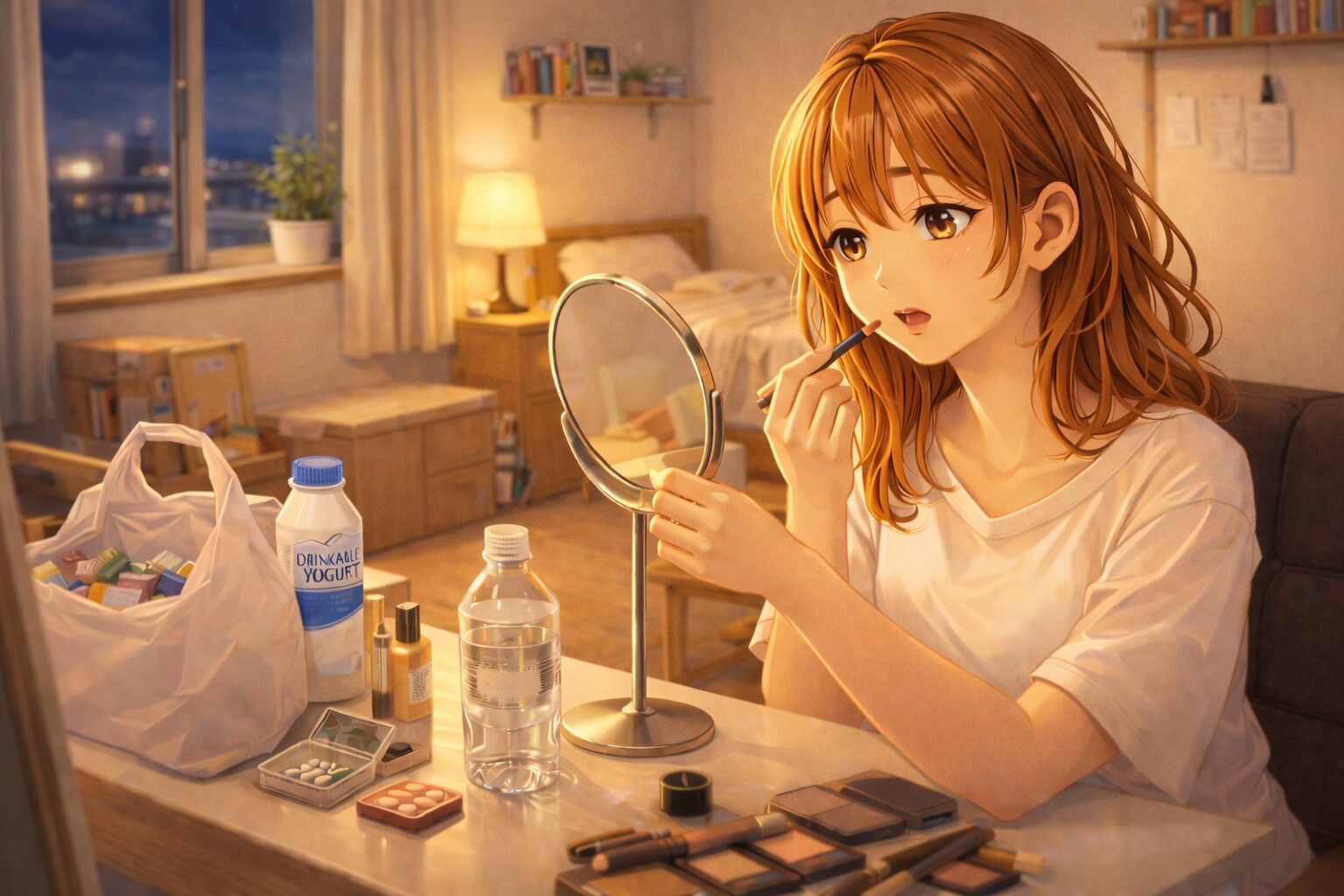 出勤前にバタバタしながらも腸を整える習慣を意識する女性の生活シーン