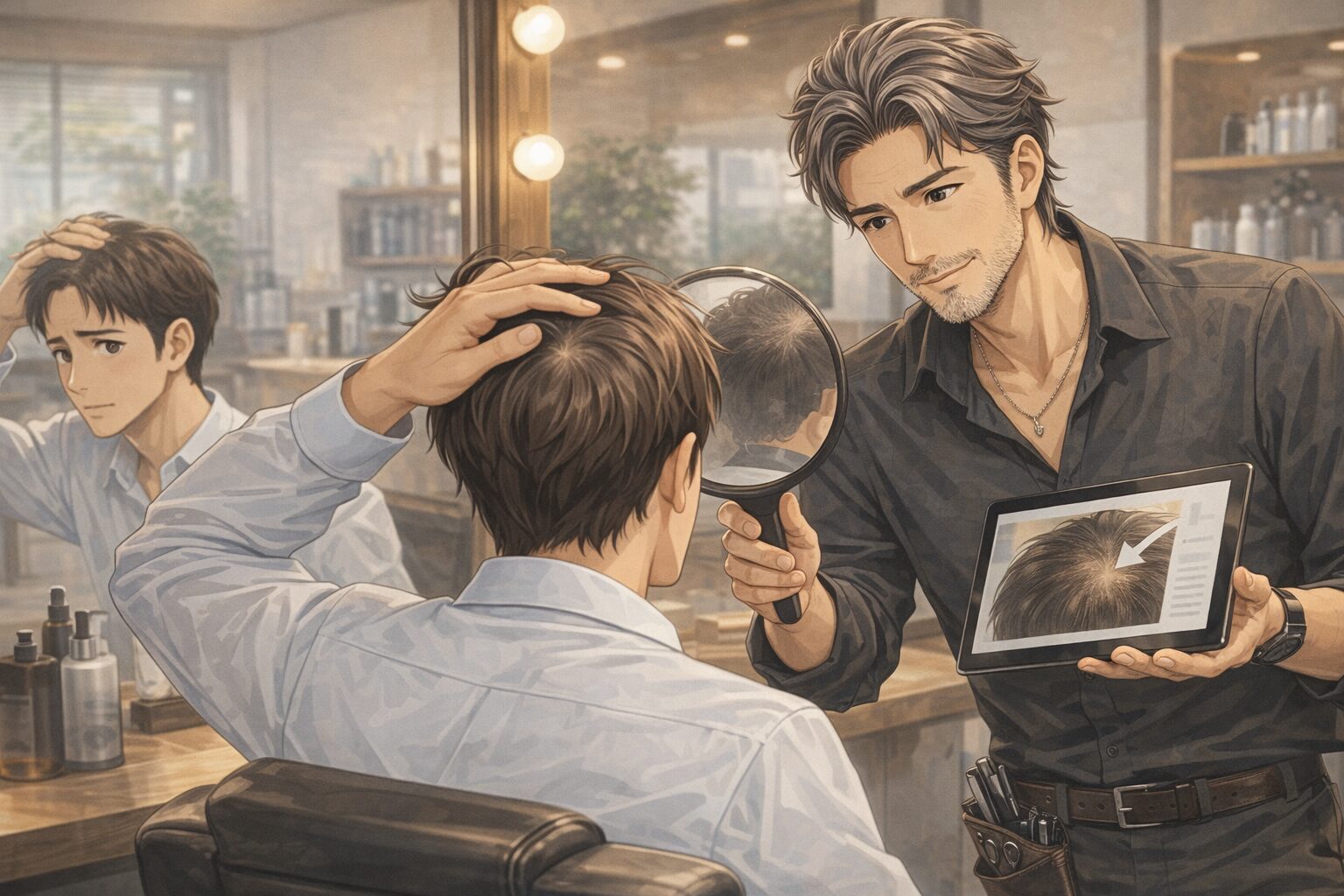 美容室で美容師から髪のボリュームや髪質について説明を受ける35歳男性