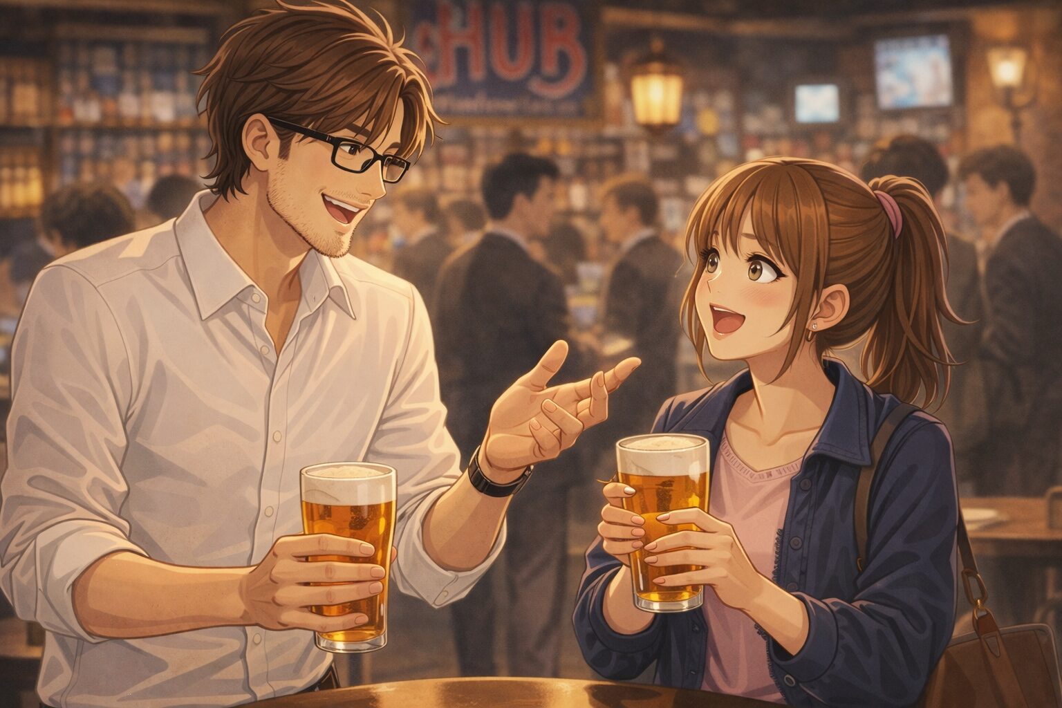 仕事帰りに立ち飲みバーで楽しく会話する男女｜女性がまた会いたくなる男性の会話イメージ