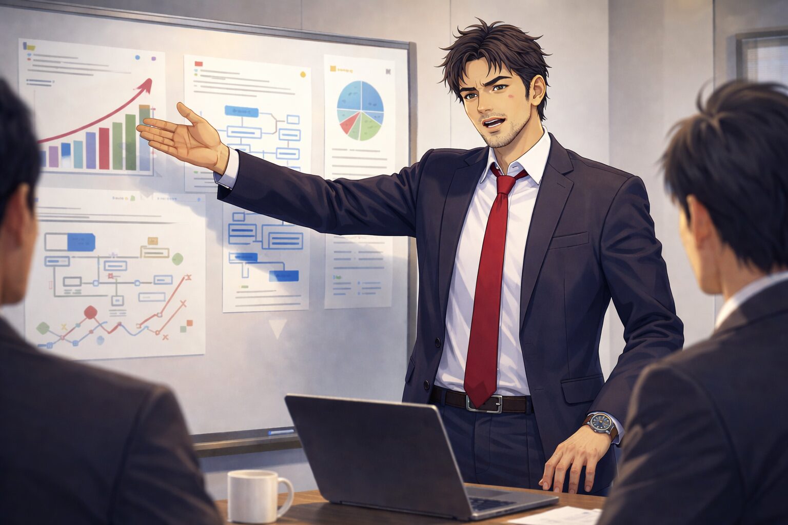 会議室でプレゼンする40代男性管理職｜転職しない選択と社内で市場価値を上げるイメージ