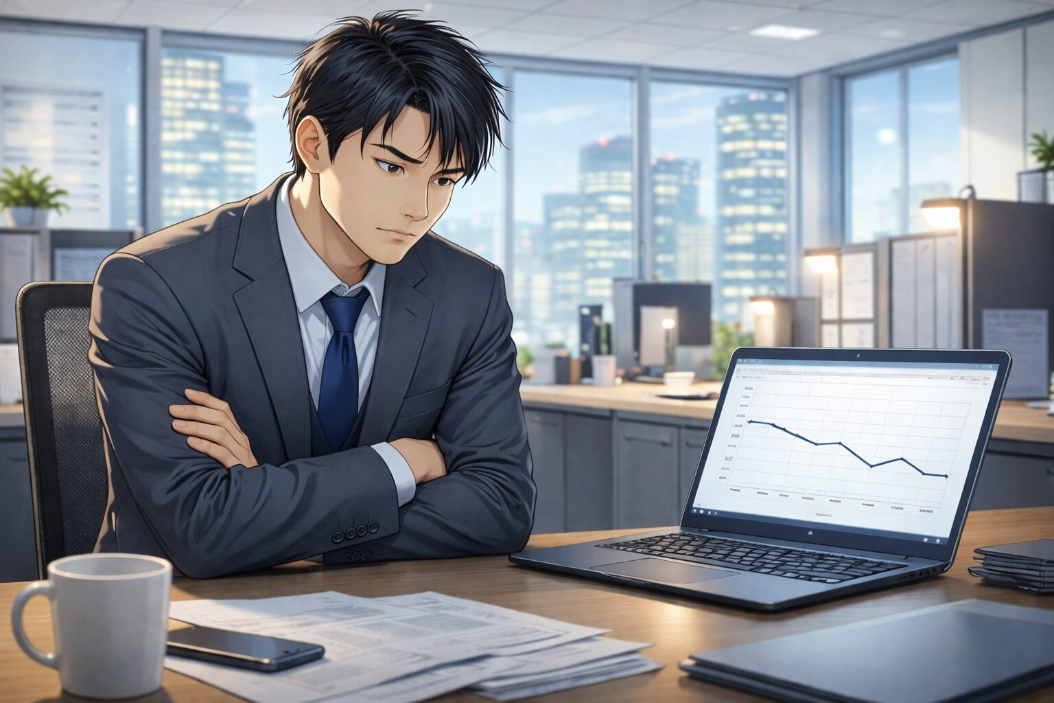 年収が伸び悩み転職を考え始めた38歳の営業職男性が、オフィスで横ばいの売上グラフを見つめながら悩んでいる様子（40代手前・キャリア停滞・年収アップの不安）。