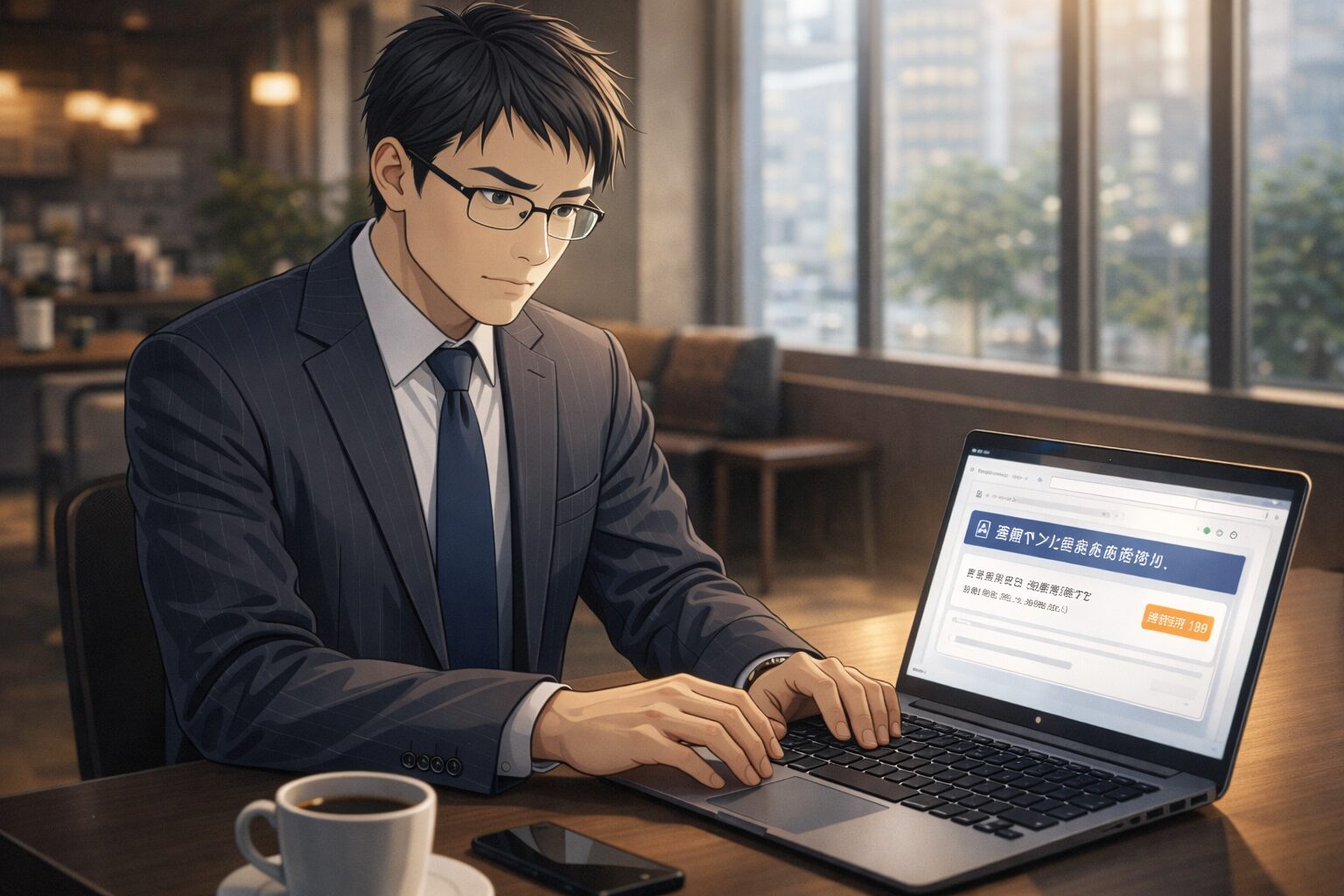 自分の市場価値を確認するため転職サイトをチェックする40歳の男性が、カフェでノートPCを開き真剣な表情で分析している様子（40代転職・年収査定・キャリア診断）。