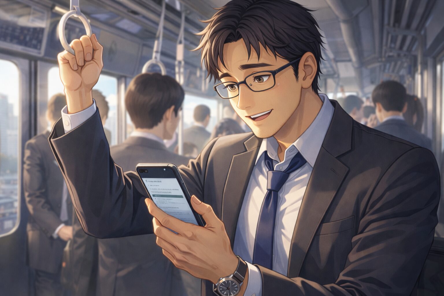 通勤電車で求人を確認する40代男性｜転職を考え始めた会社員のイメージ