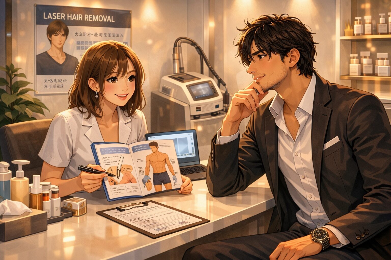 医療脱毛の施術を受ける男性とクリニックスタッフ