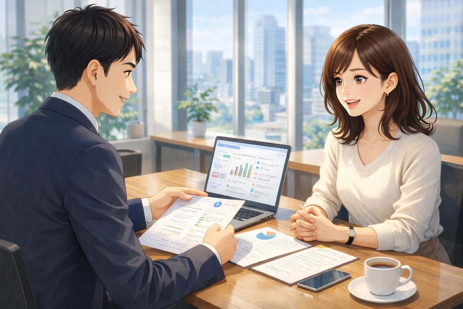 転職エージェントと打ち合わせをしながら転職活動を進める女性