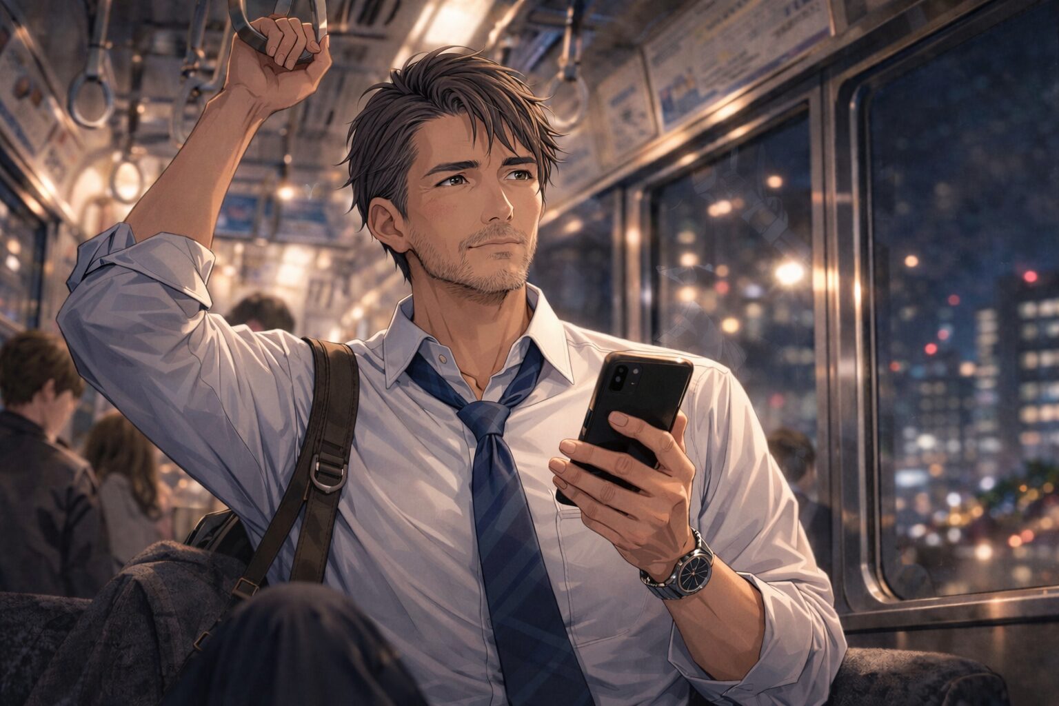 40代男性が満員電車で吊り革につかまりながら転職やキャリアを考えている通勤シーン