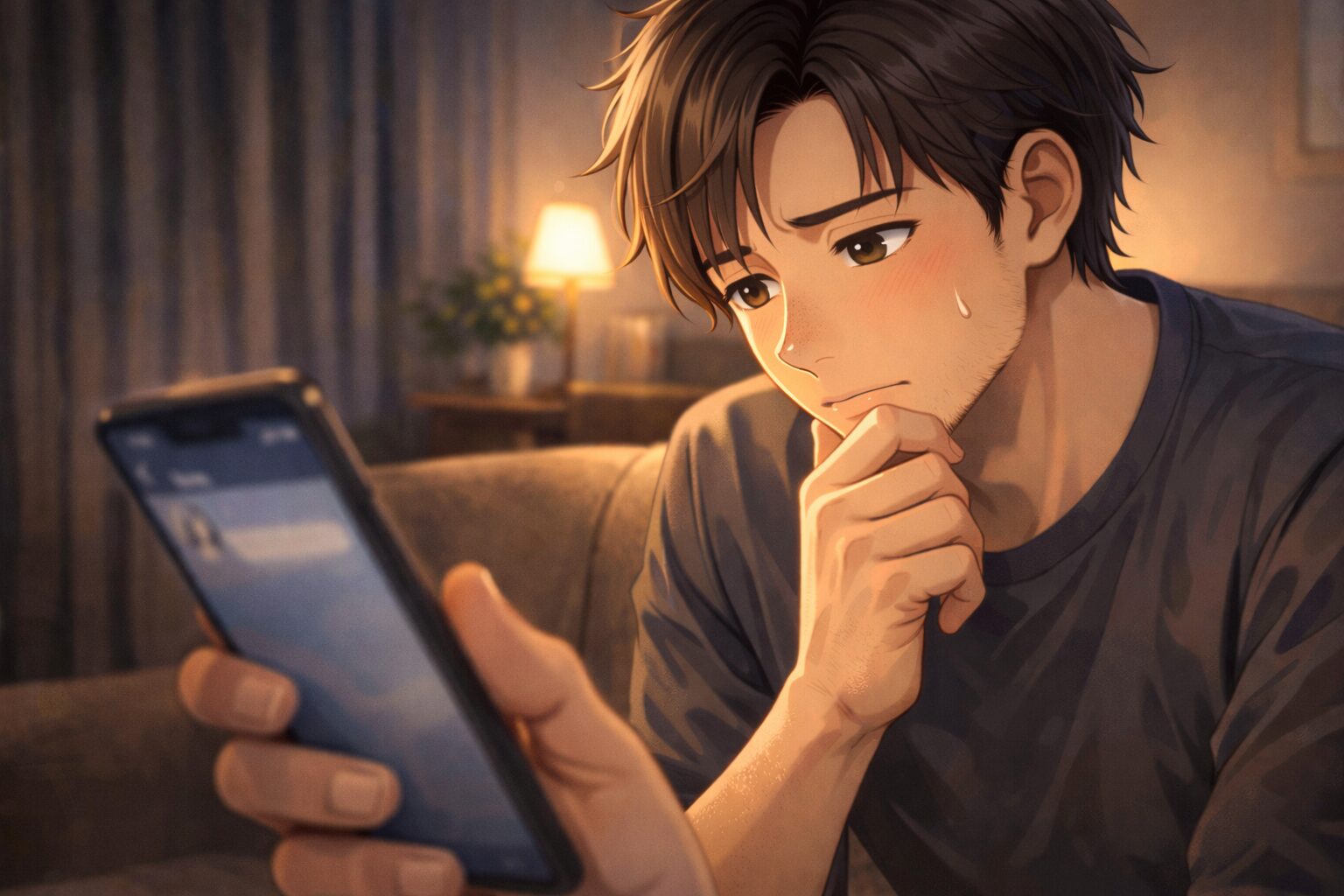 スマートフォンを見ながら連絡を迷う男性