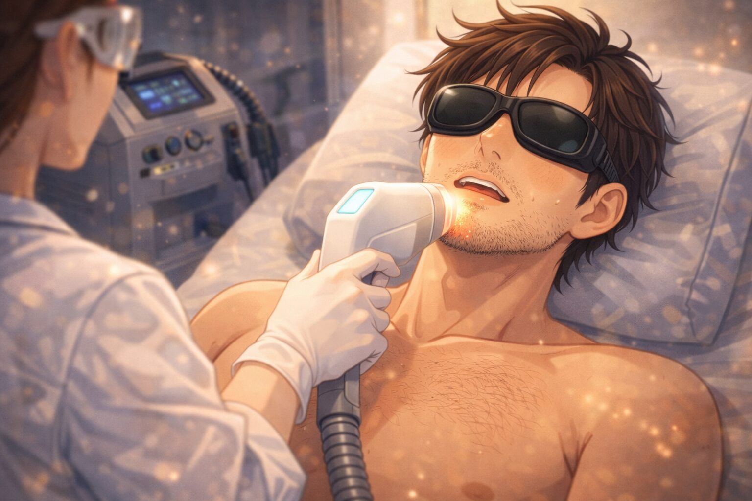 レーザー脱毛の痛みに耐える男性