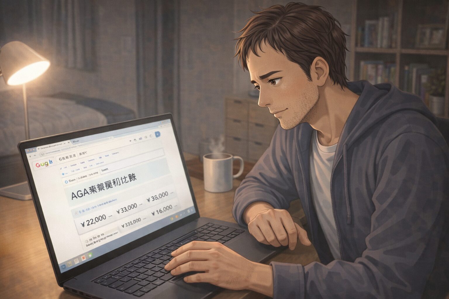 自宅でAGA治療の価格を調べてる４０代男性