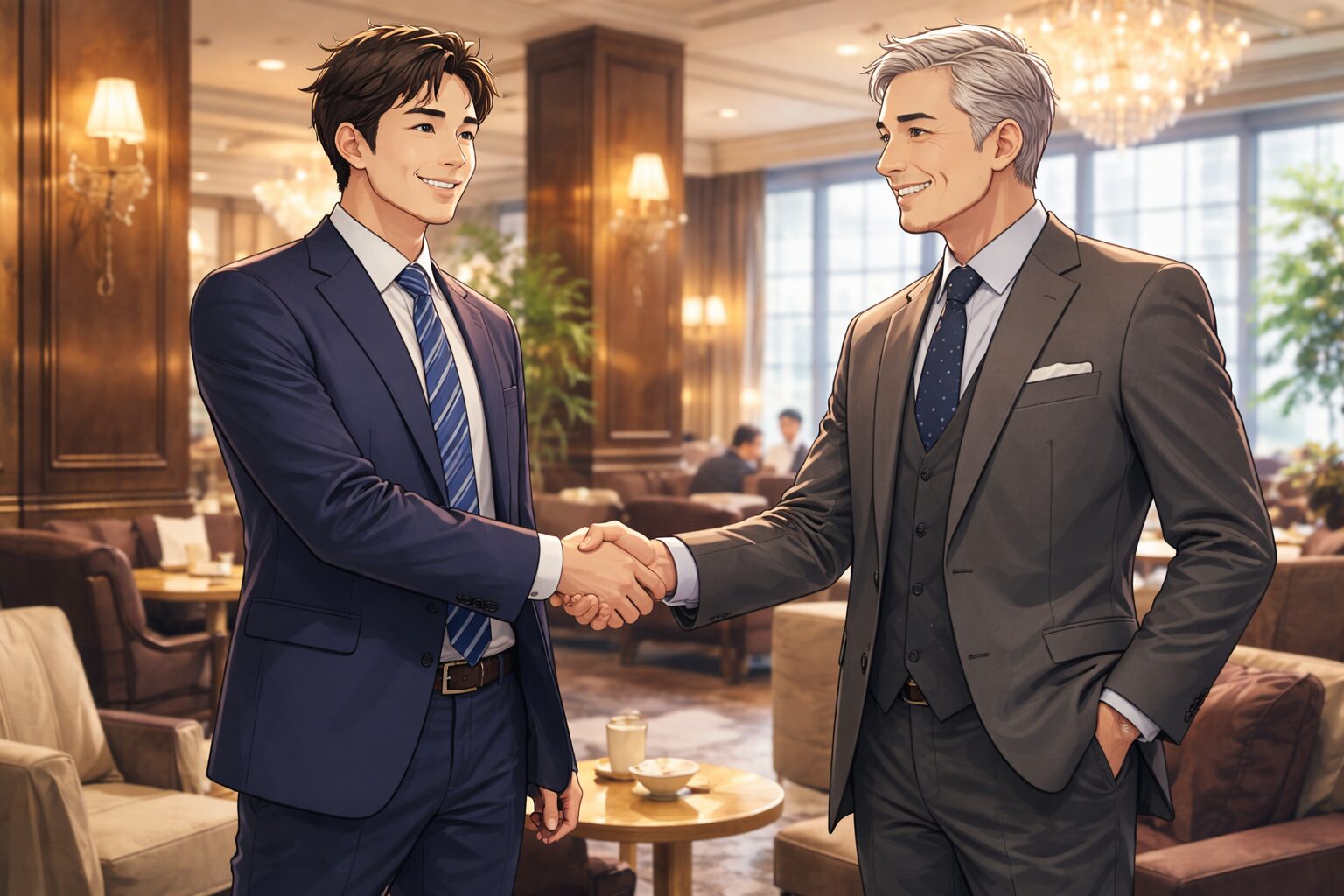 40代男性ビジネスパーソンがビジネス交渉で握手するキャリアアップのイメージ