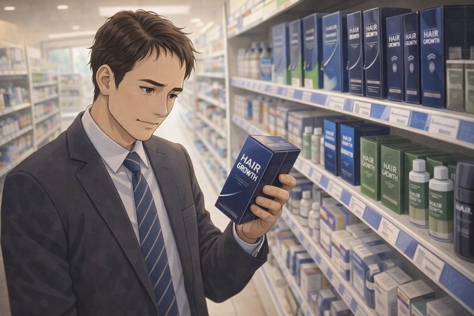 ドラッグストアの育毛剤コーナーで、市販の発毛・育毛商品を手に取りながら真剣に選んでいる30代男性の様子。