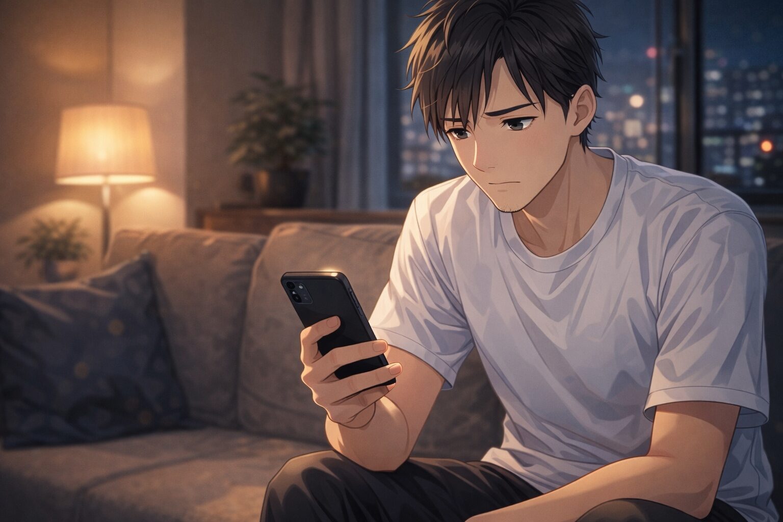 LINEの既読無視を気にしてスマホを見つめる男性