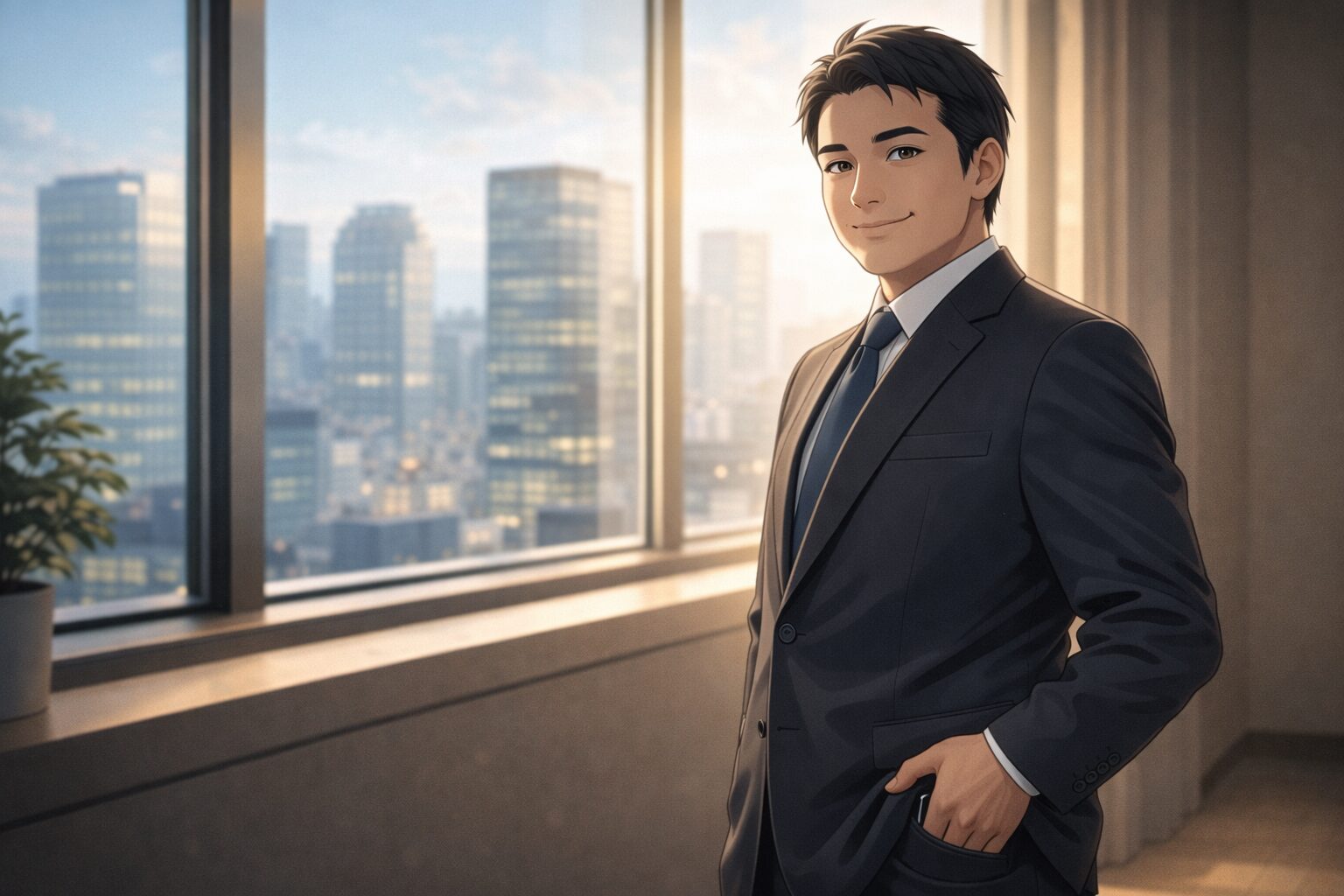 転職という選択肢を持ち余裕の表情を見せる45歳のビジネスマンが、朝の光が差し込むオフィス窓際でスマホをポケットにしまう姿（40代転職・キャリアの選択・市場価値向上）。