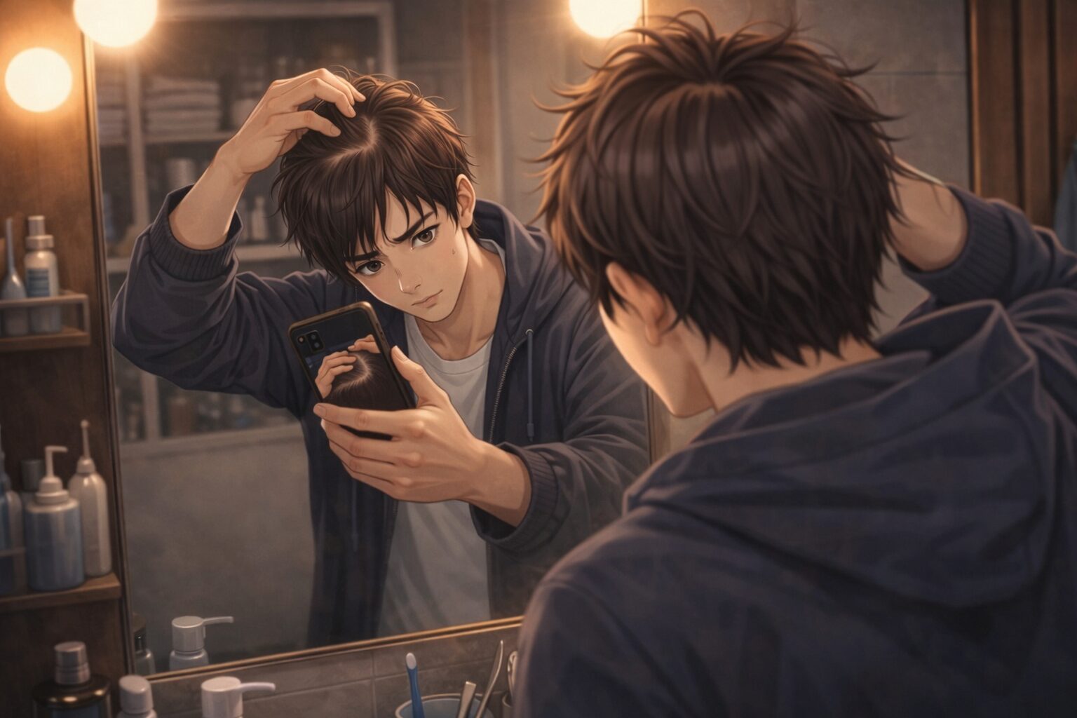 朝の洗面所で鏡を見ながら、生え際を気にして髪を触る30代男性。