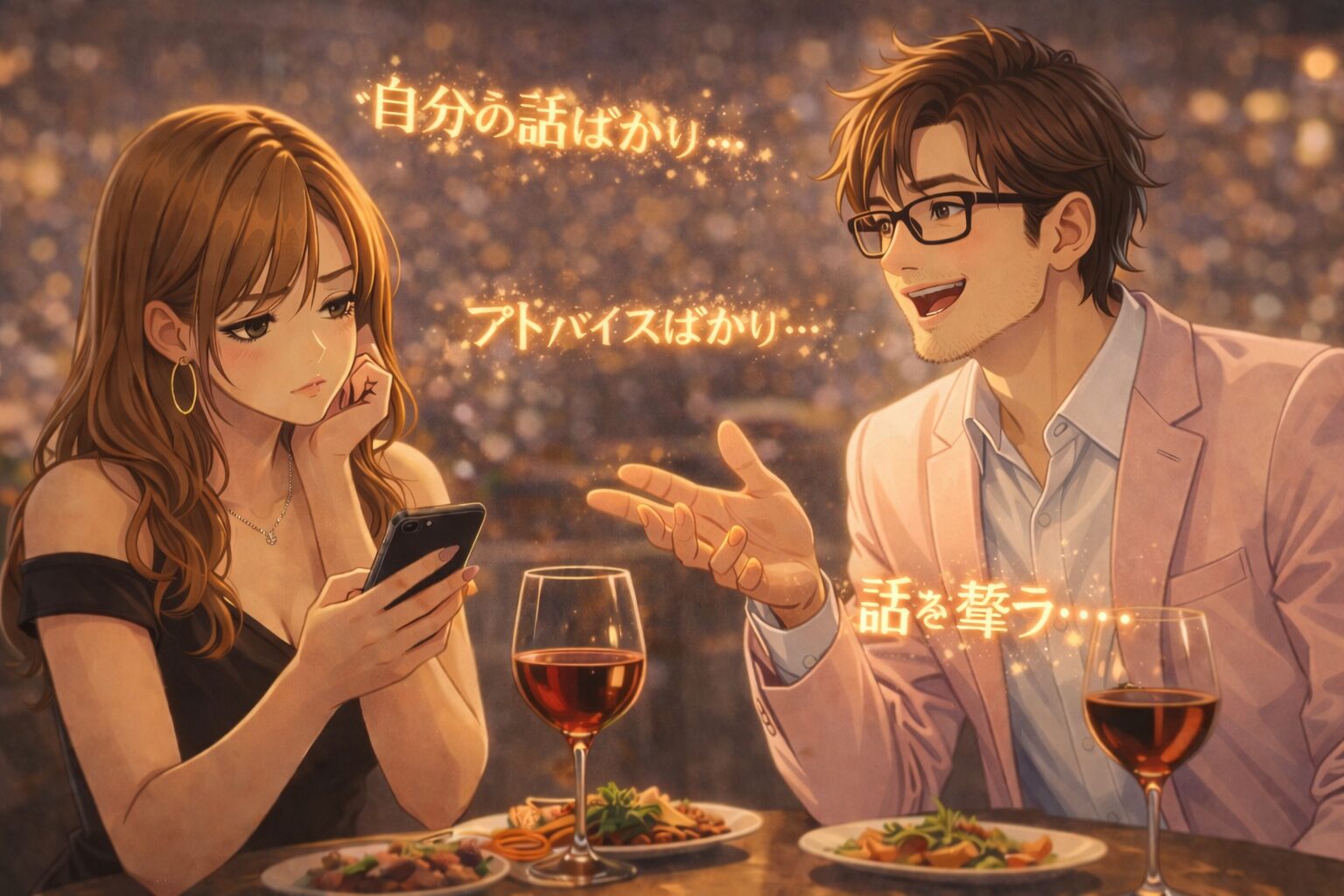 男性の会話に冷めた表情の女性