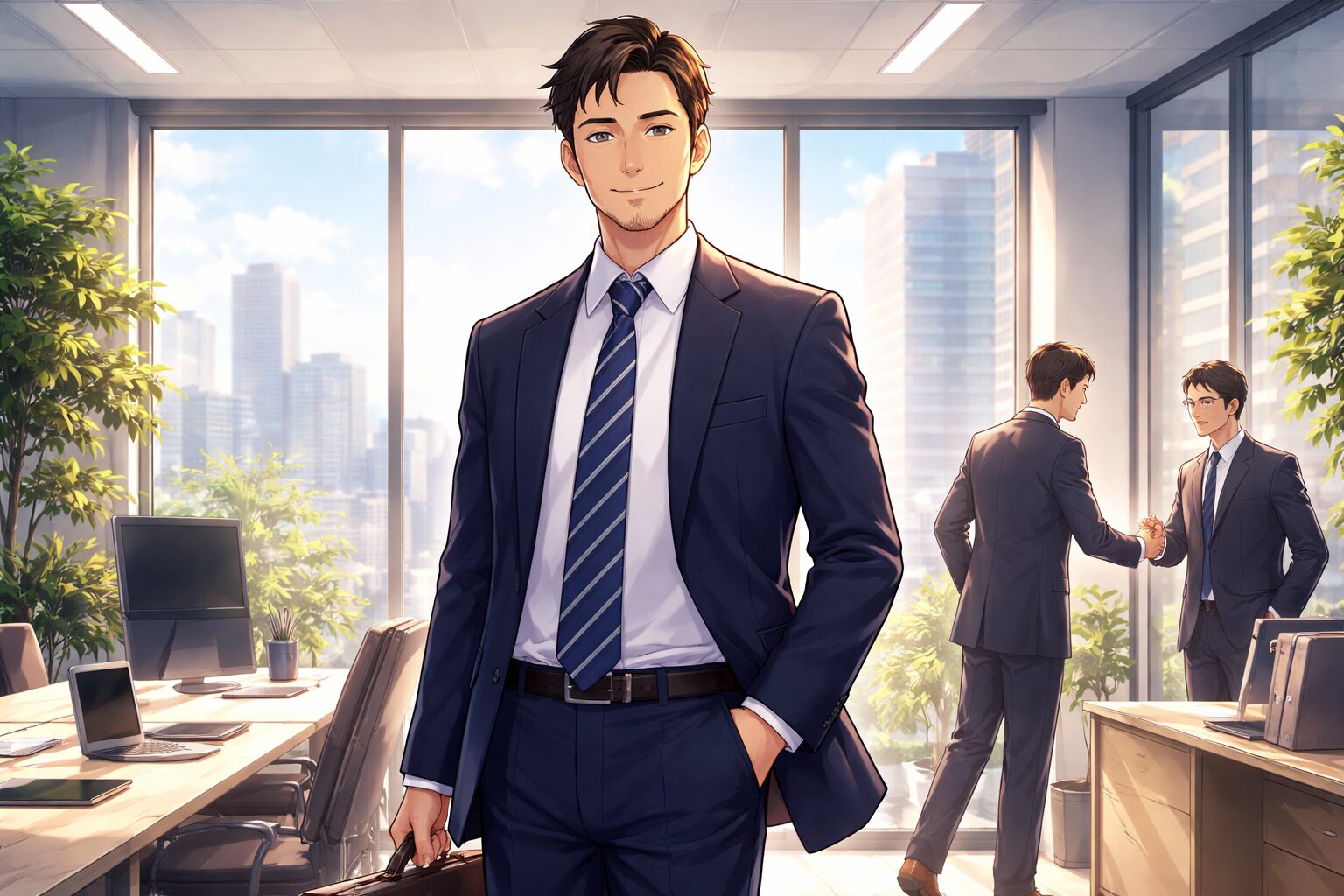 40代ビジネスパーソンがオフィスでキャリアアップを目指す仕事の成功イメージ