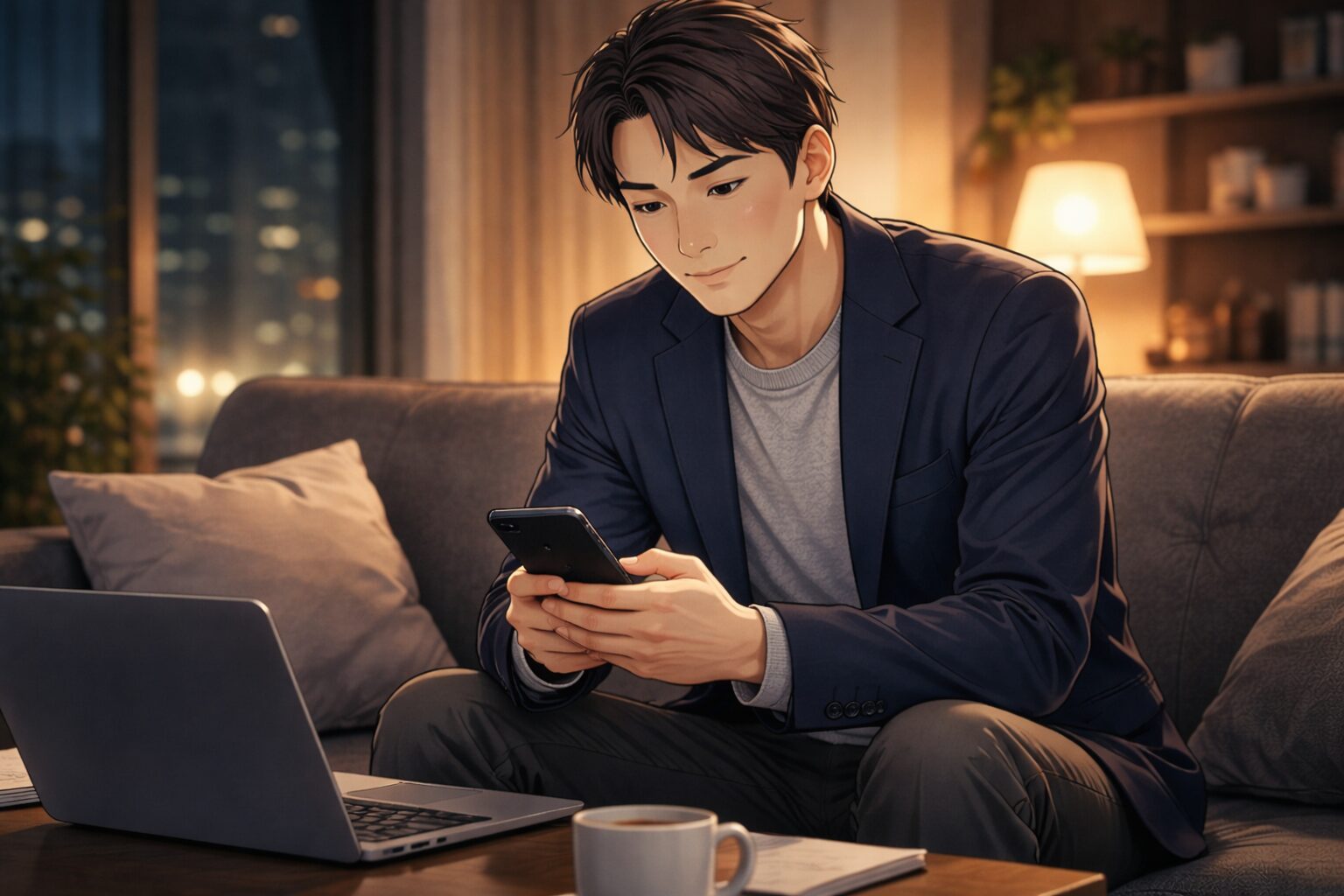 夜の自宅リビングで転職サイトに登録する42歳の既婚男性が、スマホを見ながら静かに準備を進めている様子（40代転職準備・スカウト登録・家族持ち転職）。