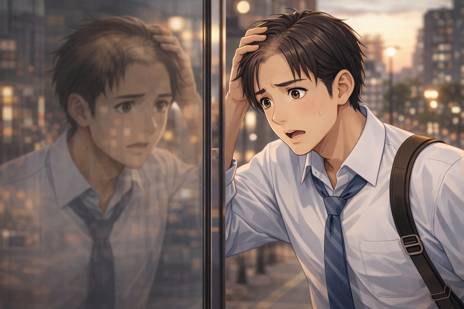 街を歩く30代日本人男性が、ビルのガラスに映った自分の姿を見て、生え際の薄毛に気づき少し不安そうな表情をしている。