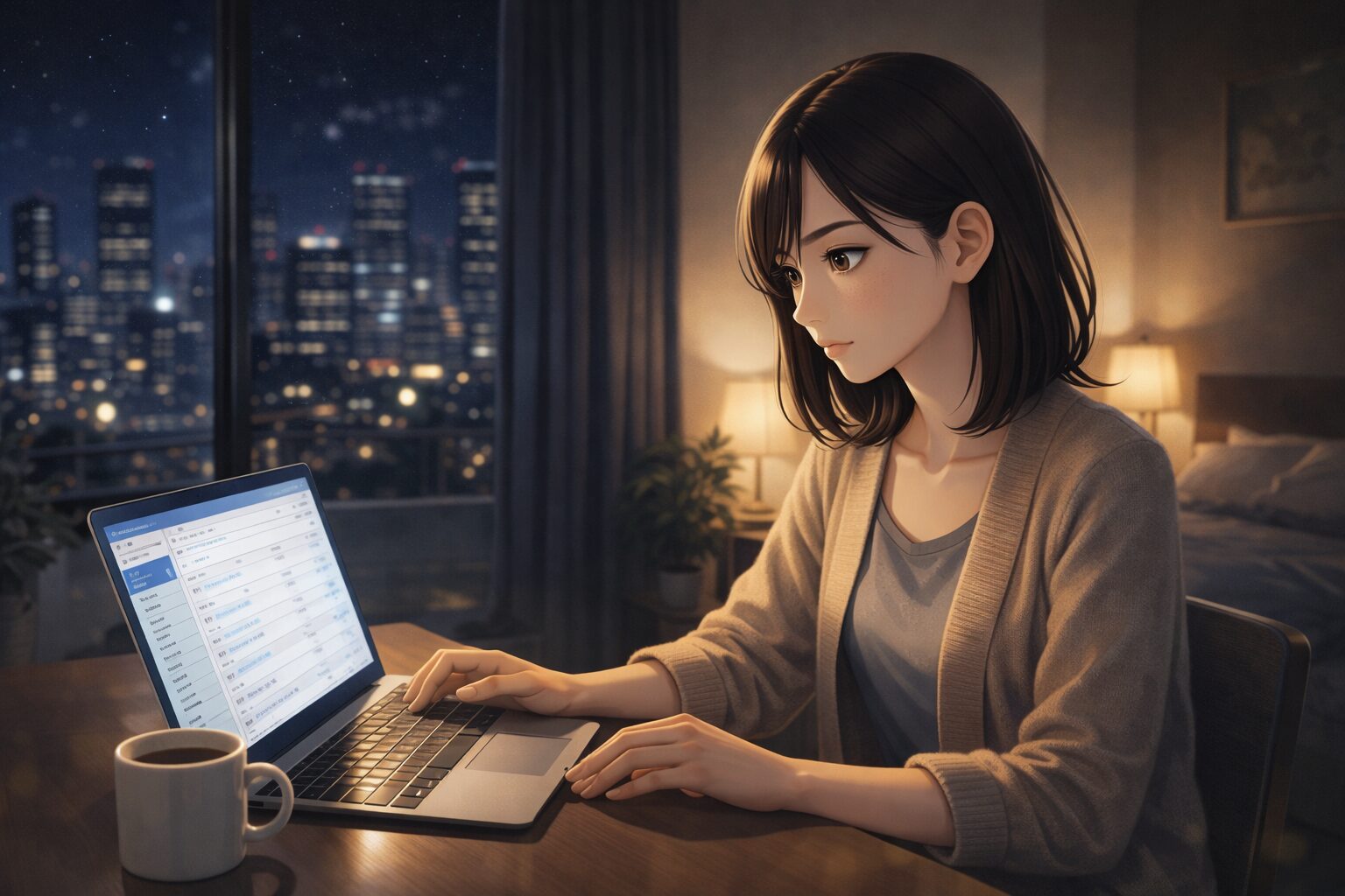 夜に自宅で転職サイトを見ながら仕事について考える女性