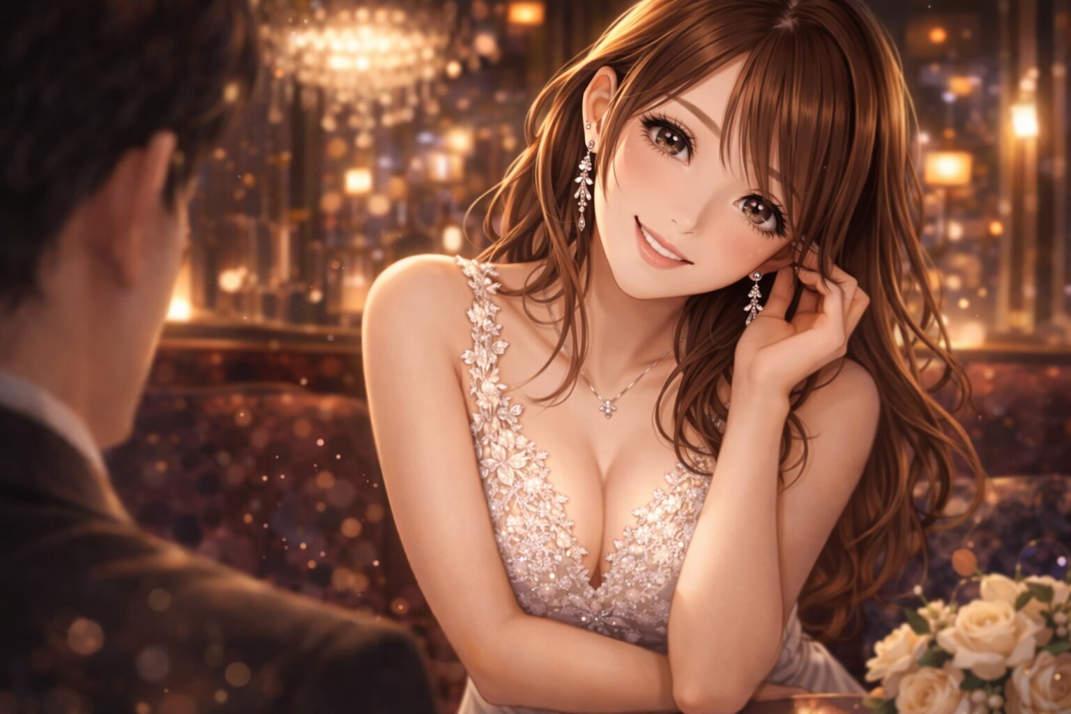 キャバクラでクロスの仕草を見せるキャバ嬢