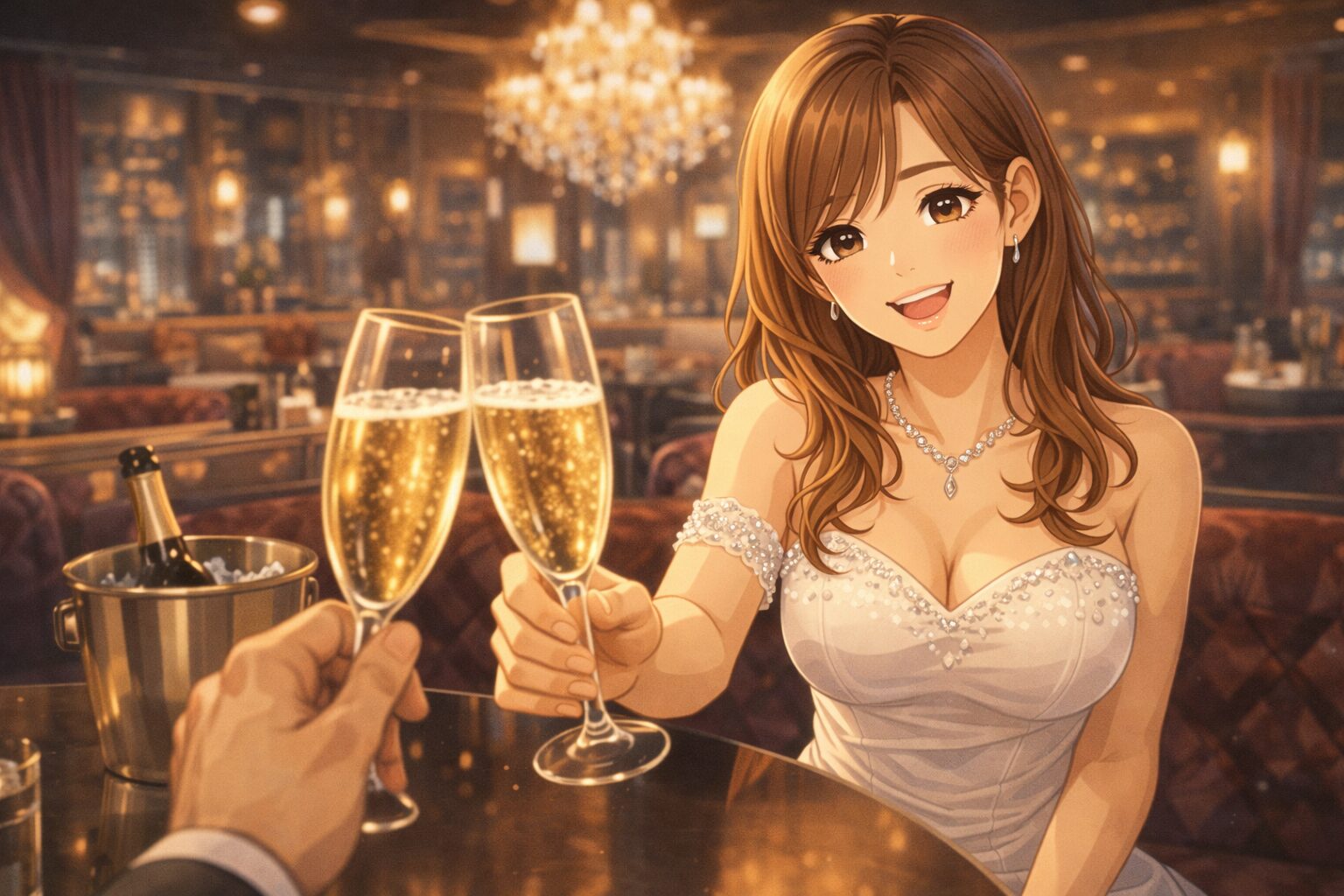 キャバ嬢がシャンパンで乾杯する笑顔のシーン｜キャバ嬢と一般女性の心理の共通点イメージ