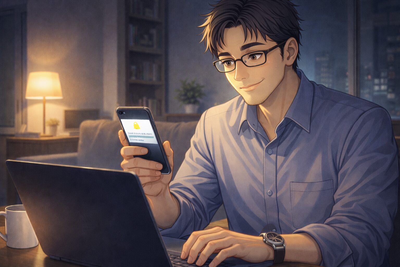 自宅でスカウト通知を確認する40代男性｜転職サイト登録と市場価値確認のイメージ