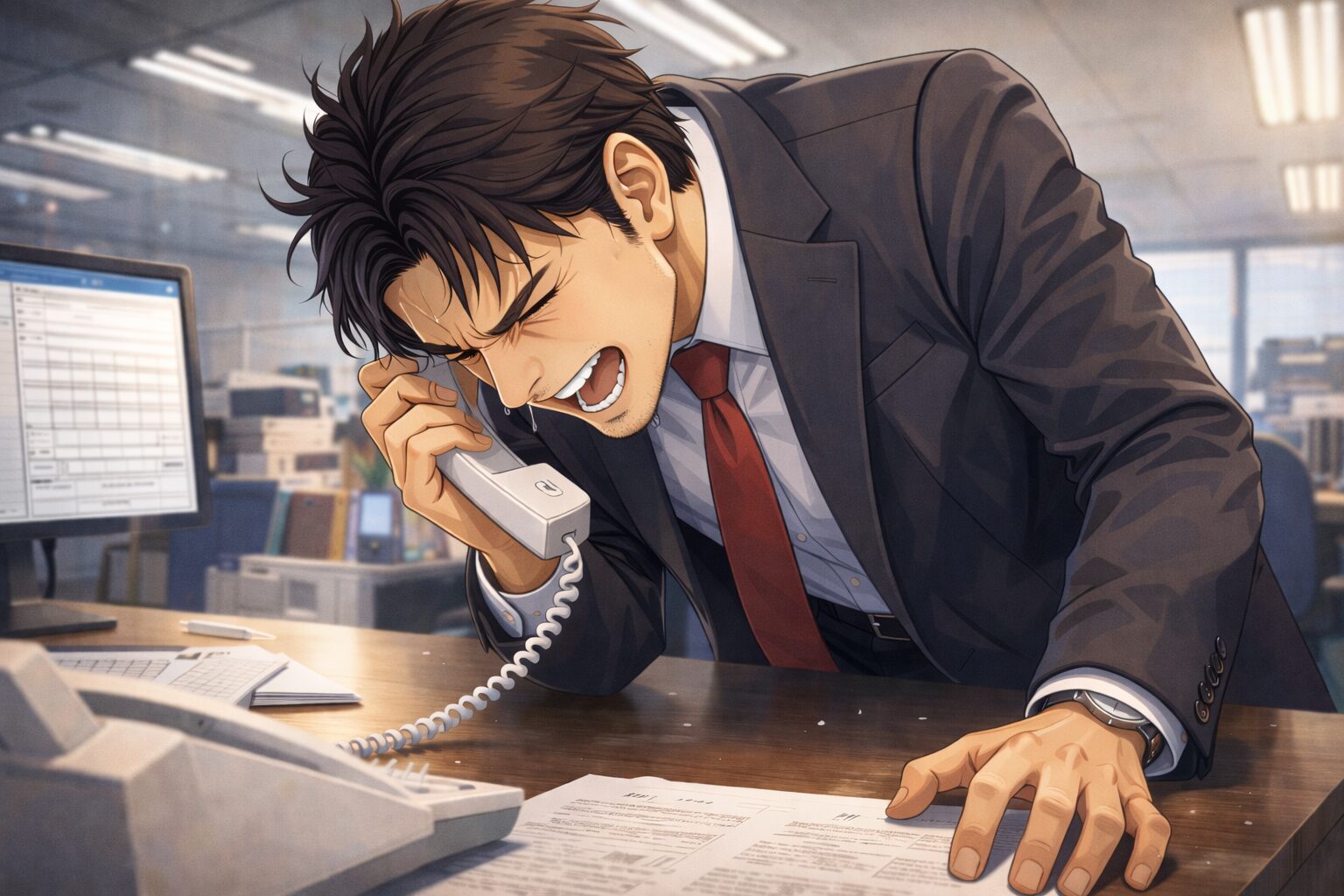 修羅場対応で取引先に電話謝罪する40代ビジネスマン｜転職市場で評価される修羅場耐性の象徴シーン