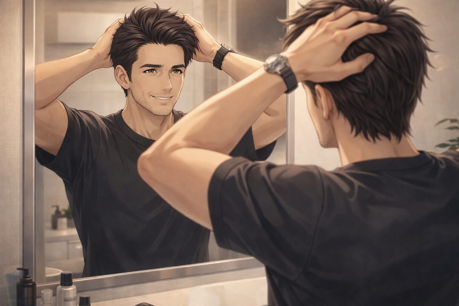 AGA治療の効果を実感し鏡で髪を整える男性