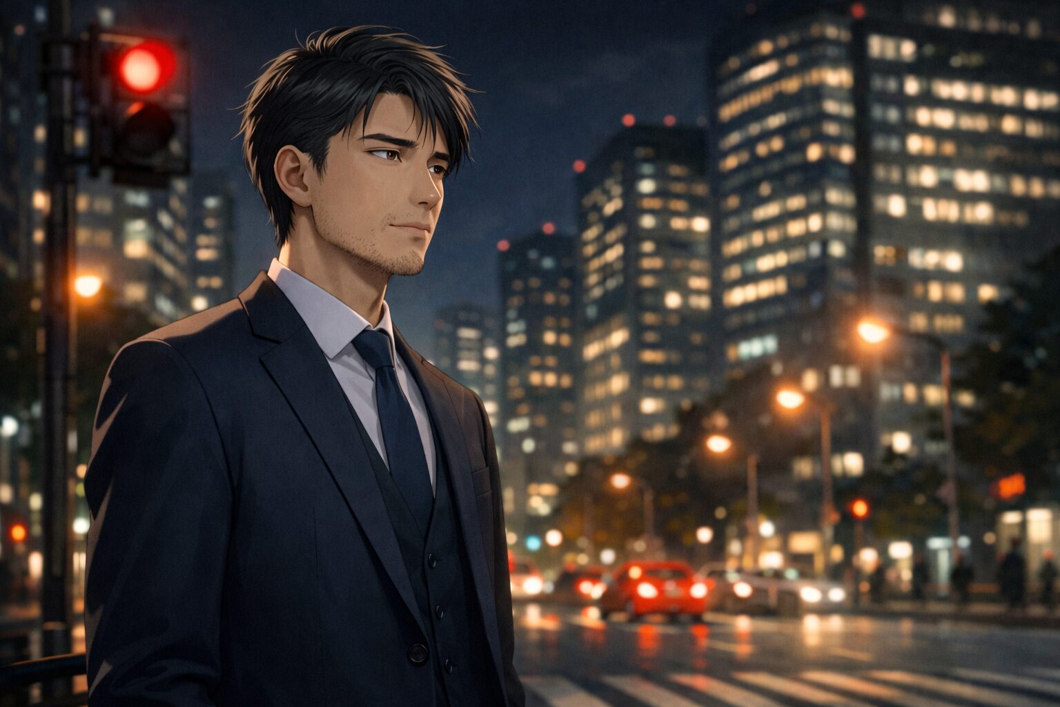 夜のオフィス街で転職を考えている43歳のビジネスマンが、ネイビースーツ姿で信号待ちをしながら都会のビル群を見つめている様子（40代転職・キャリアの悩み・将来への不安）。