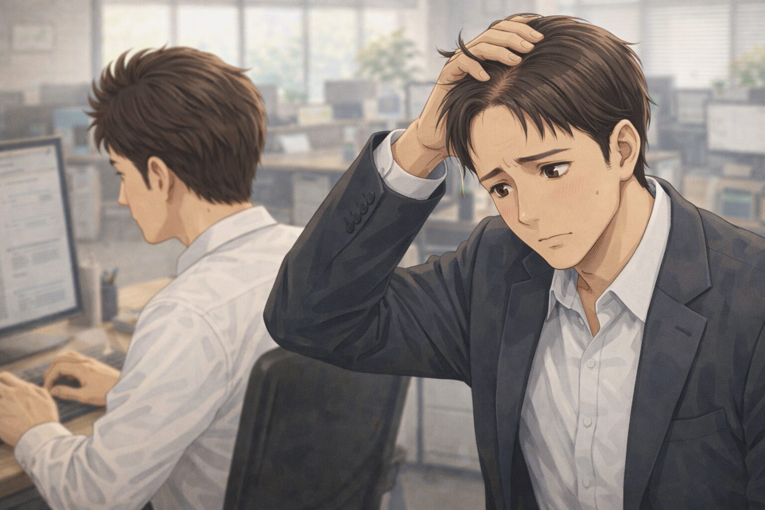 同僚の髪を見て自分の頭頂部を気にする35歳男性会社員