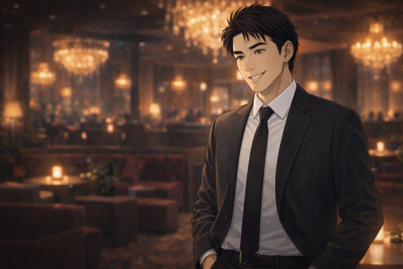 高級キャバクラ店内でフロア全体を見渡す黒服の男性が、現場を統括する姿。黒スーツに黒ネクタイ姿で冷静に状況を判断している様子（夜職から転職・黒服の市場価値・マネジメント経験）。