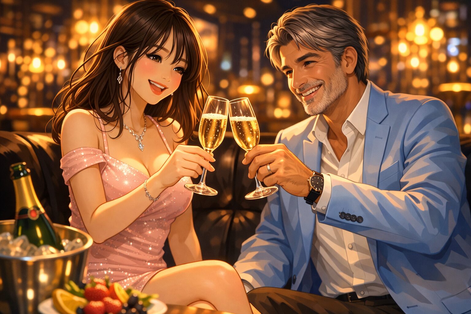 キャバ嬢との特別な時間を重ね、シャンパンで乾杯する男性客のサンクコスト効果をイメージした接客シーン