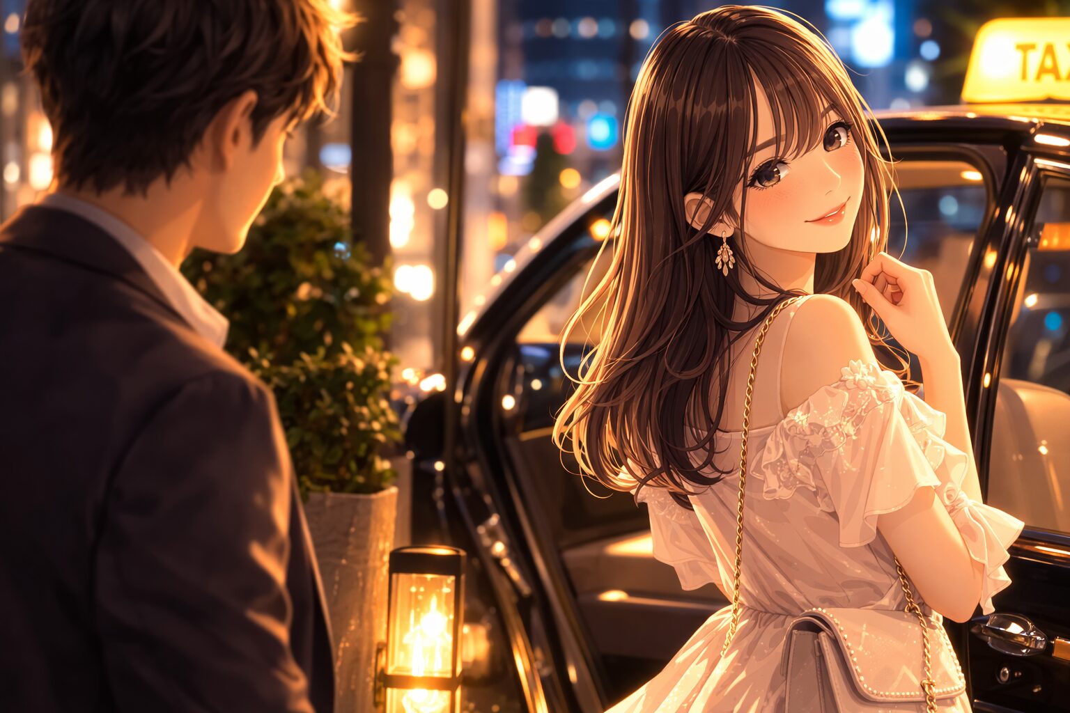 タクシー前で振り返って微笑む女性と見送る男性