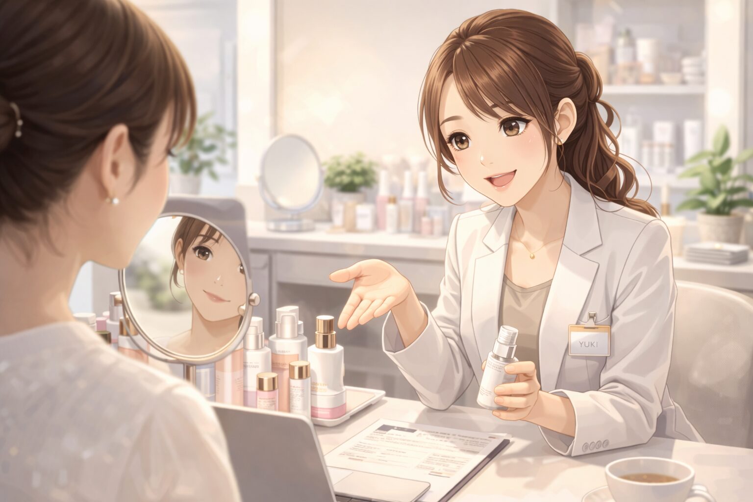 美容カウンセラーが女性客にスキンケア商品を説明している様子