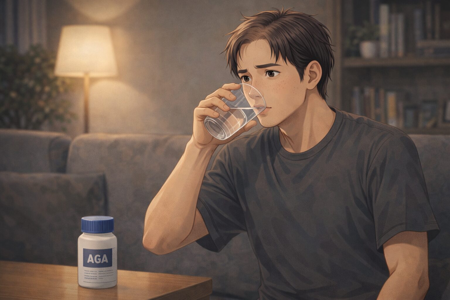 自宅のリビングで部屋着姿の30歳男性が、AGA治療薬を水で飲みながら治療を続けている様子。少し薄毛を気にしつつ前向きな表情。