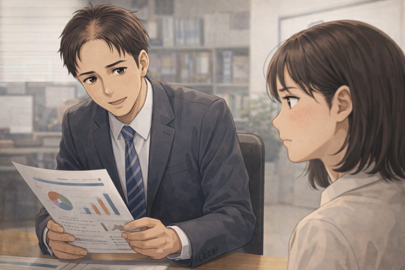 仕事の説明をする40代の薄毛の上司と、話を聞きながら頭頂部に一瞬視線を向けてしまう女性社員。